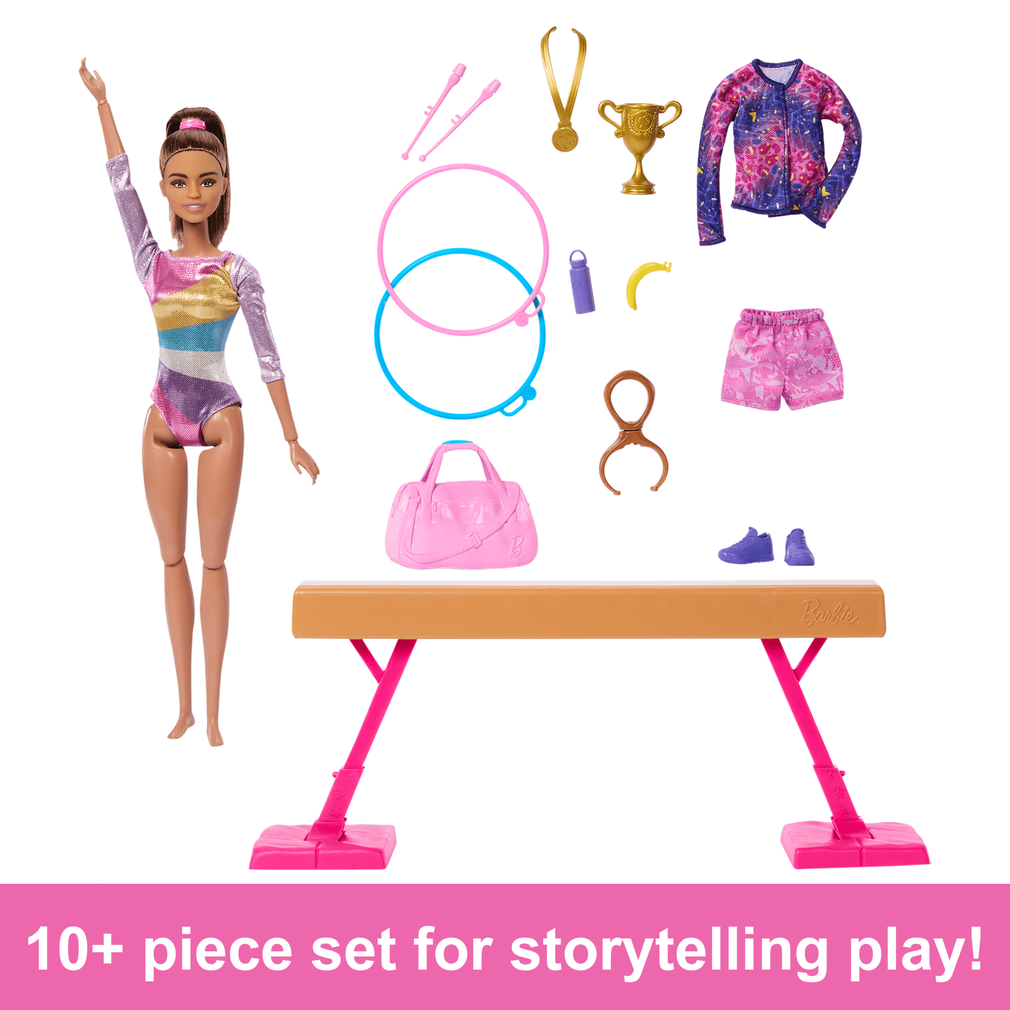 Barbie Gymnastics Playset With Brunette Fashion Doll Balance Beam 10 Accessories Flip Feature