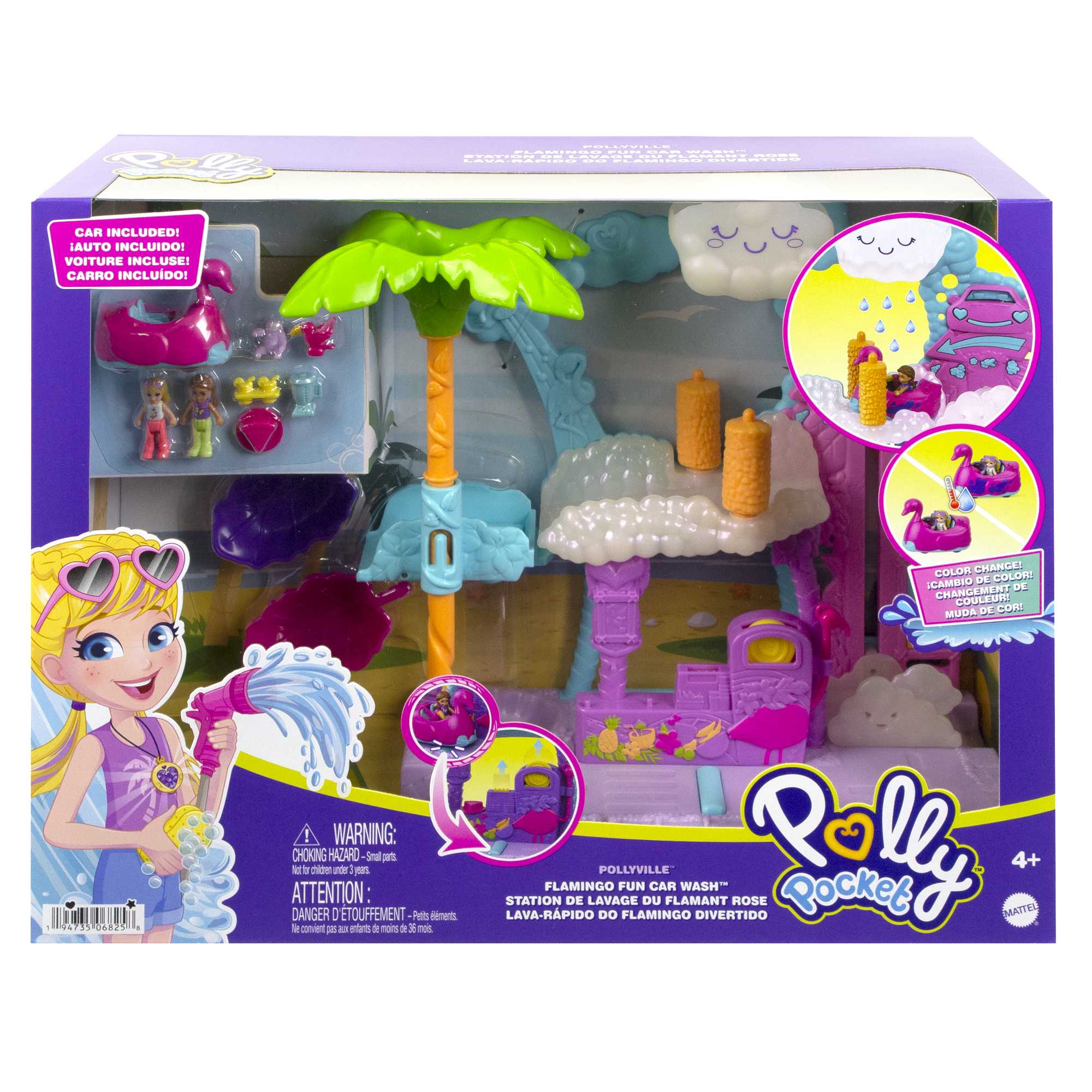 Polly Pocket Pollyville Flamingo Fun Car Wash, 2 Micro Dolls, 4 & Up