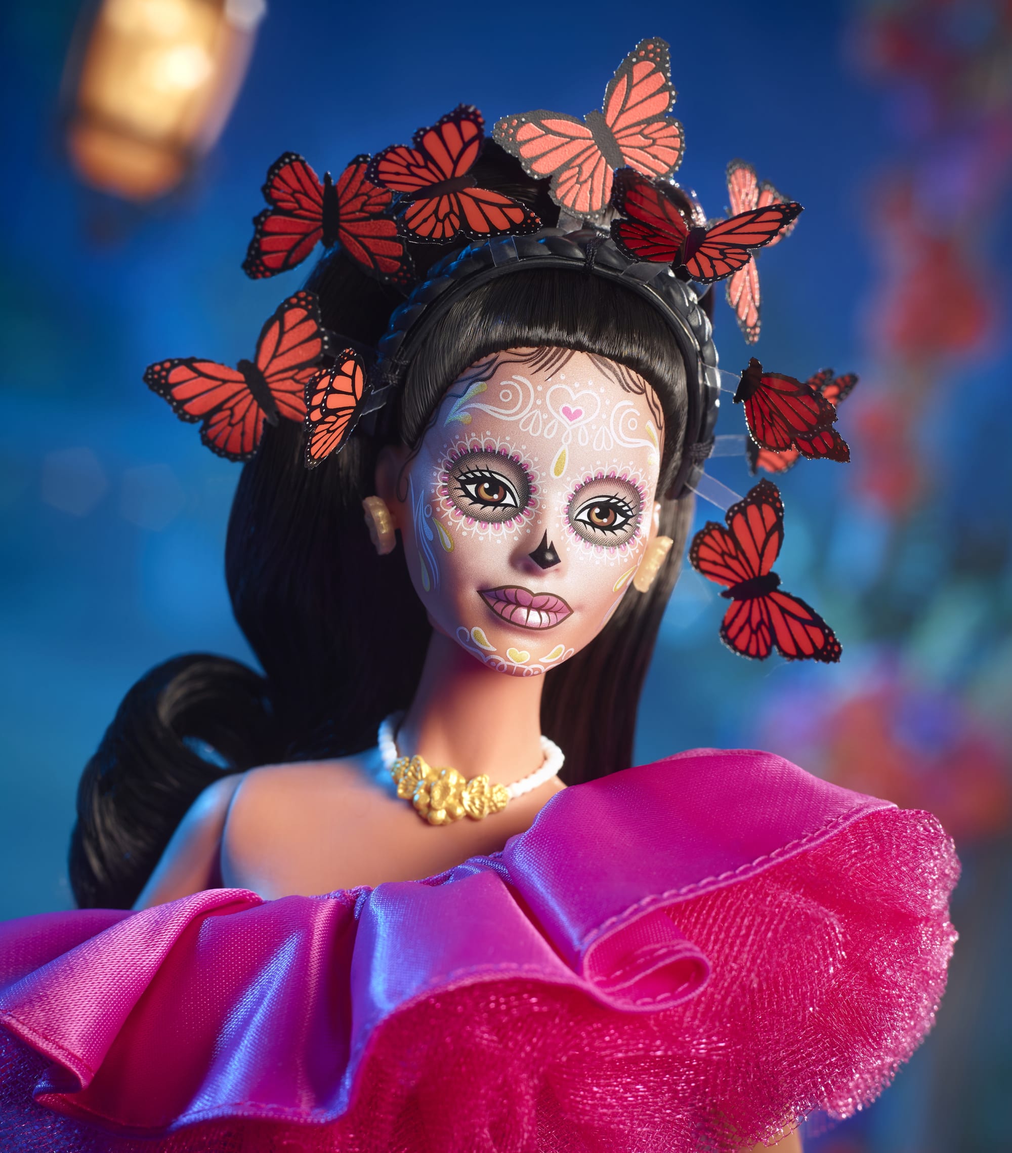 2023 Día De Muertos Barbie Doll Wearing Ruffled Pink Gown And Holding Tiny Ofrenda, Barbie Signature
