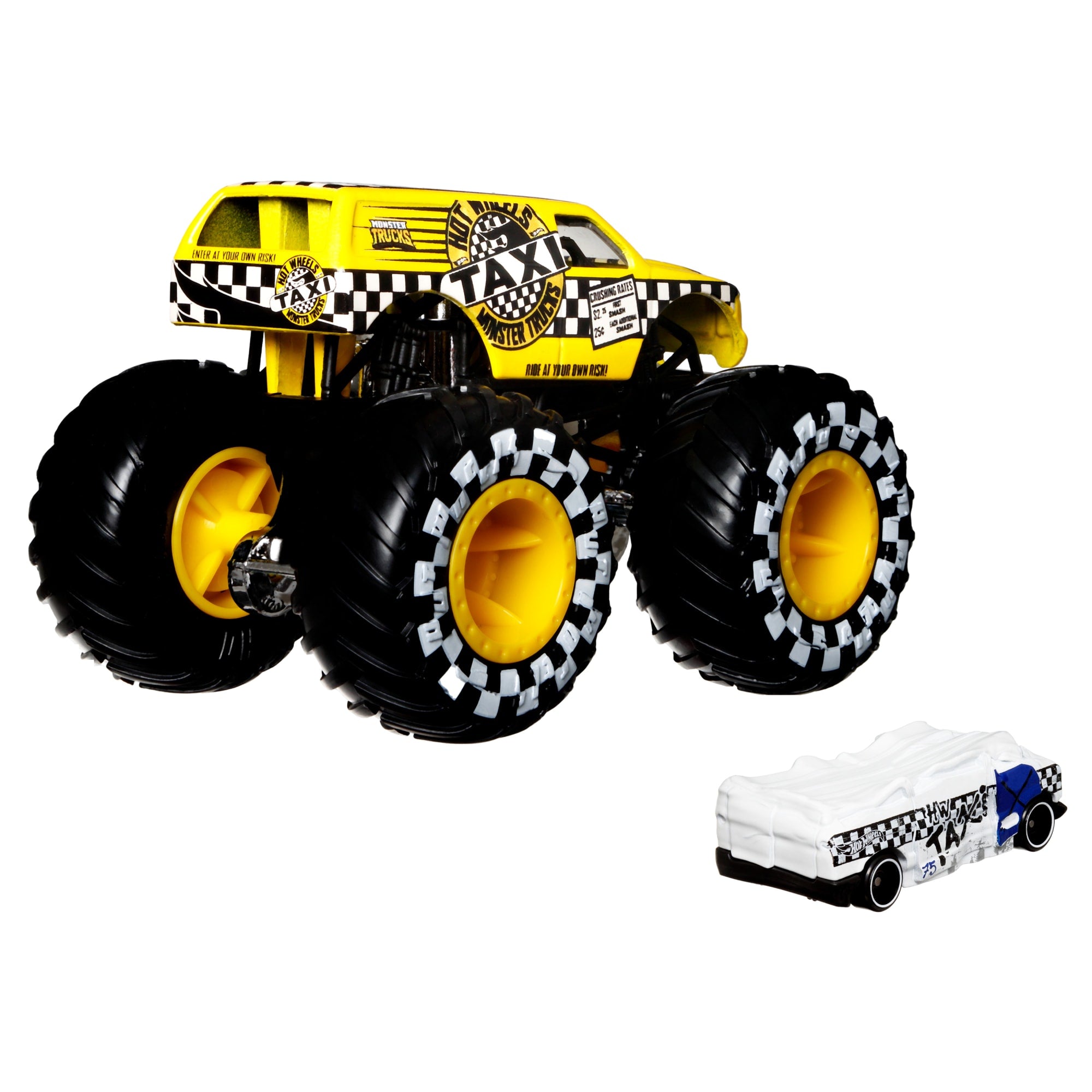Hot Wheels Monster Trucks Veículo de Brinquedo Taxi Die Cast Blind Sided Taxi Crushed