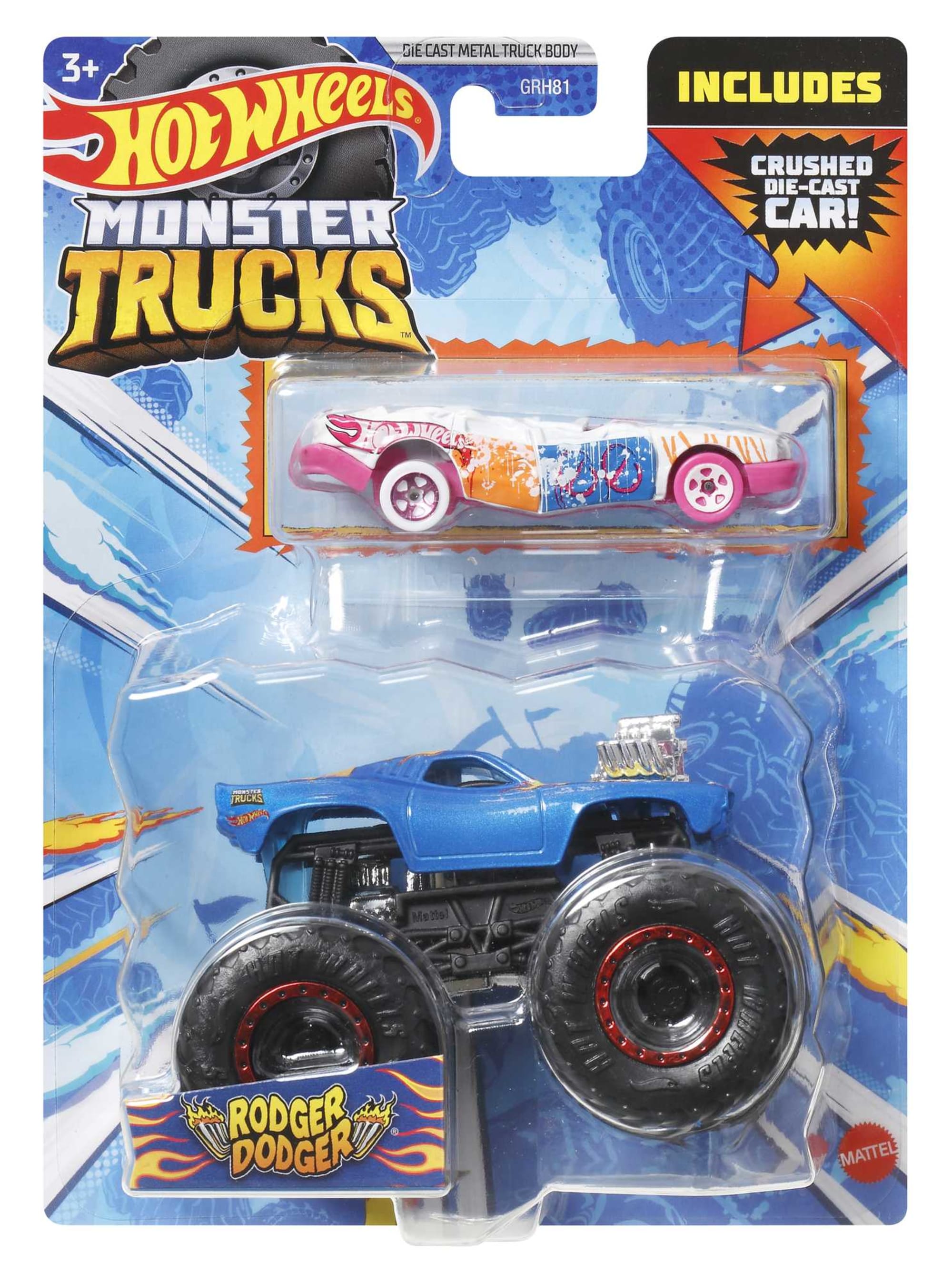 Hot Wheels Monster Trucks Veículo de Brinquedo Rodger Dodger Die Cast Sudder Stop Crushed