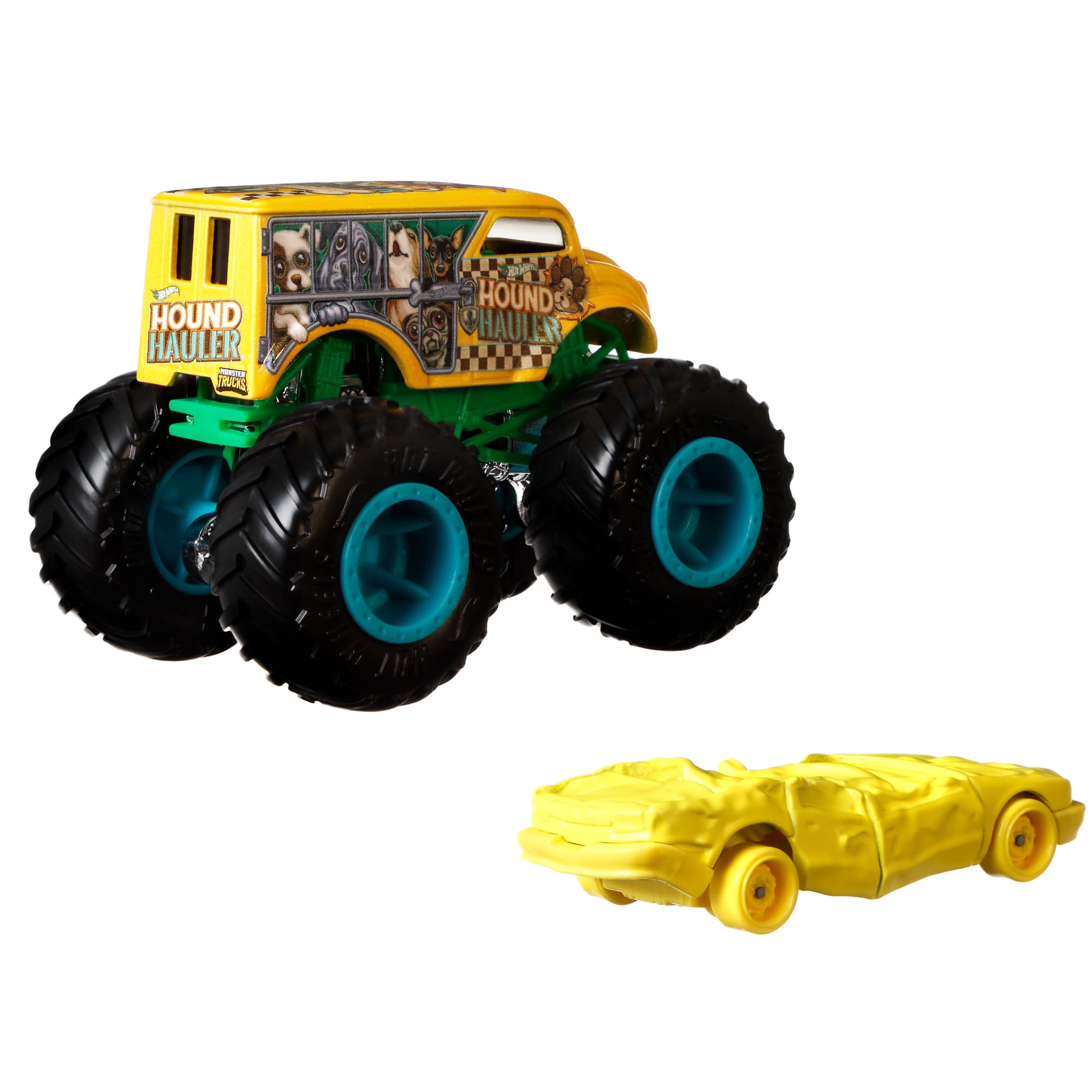 Hot Wheels Monster Trucks Veículo de Brinquedo Hound Hauler Dairy Delivery Die Cast Sudden Stop Crushed