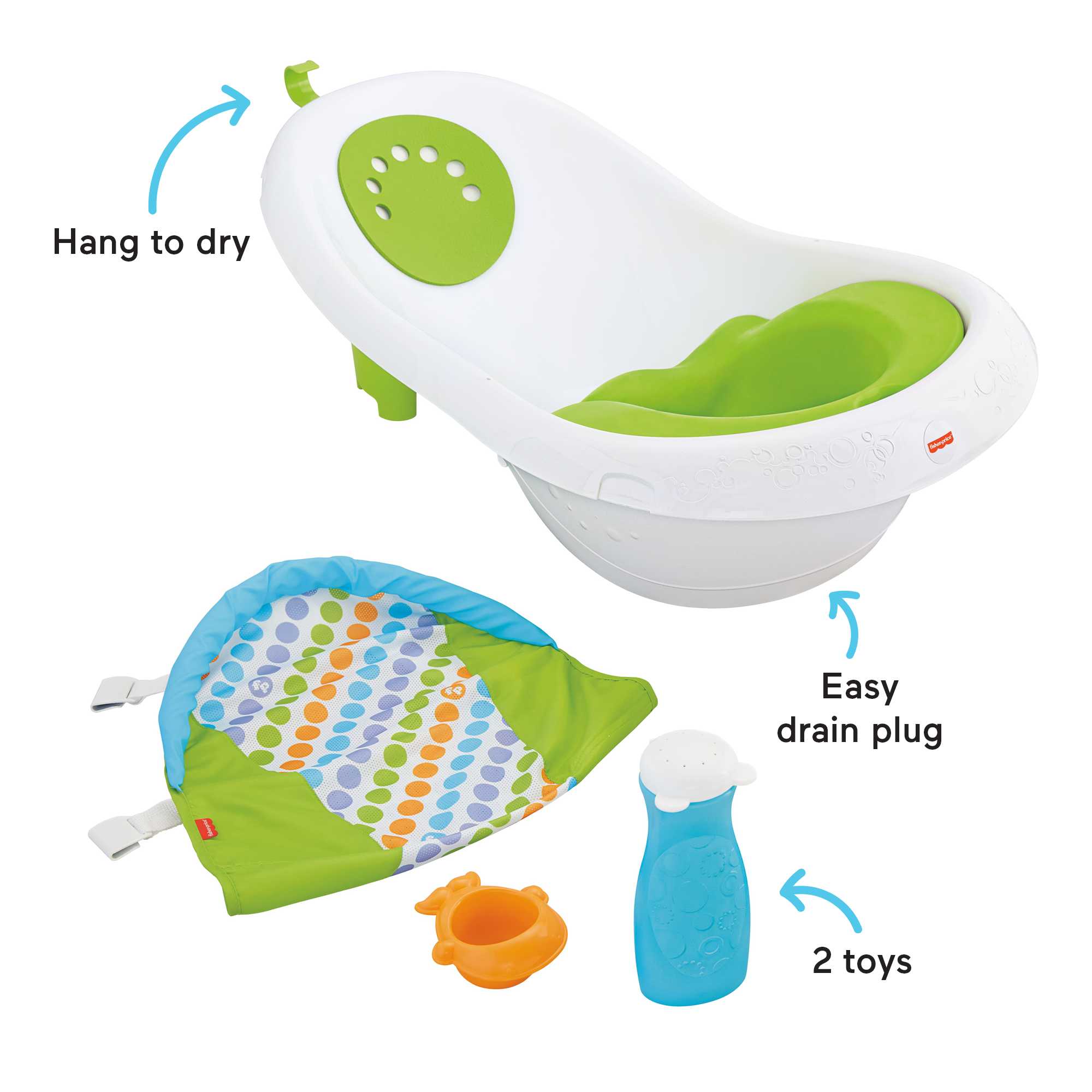 Fisher-Price 4-In-1 Sling ‘n Seat Tub Baby To Toddler Bath With 2 Toys, Green