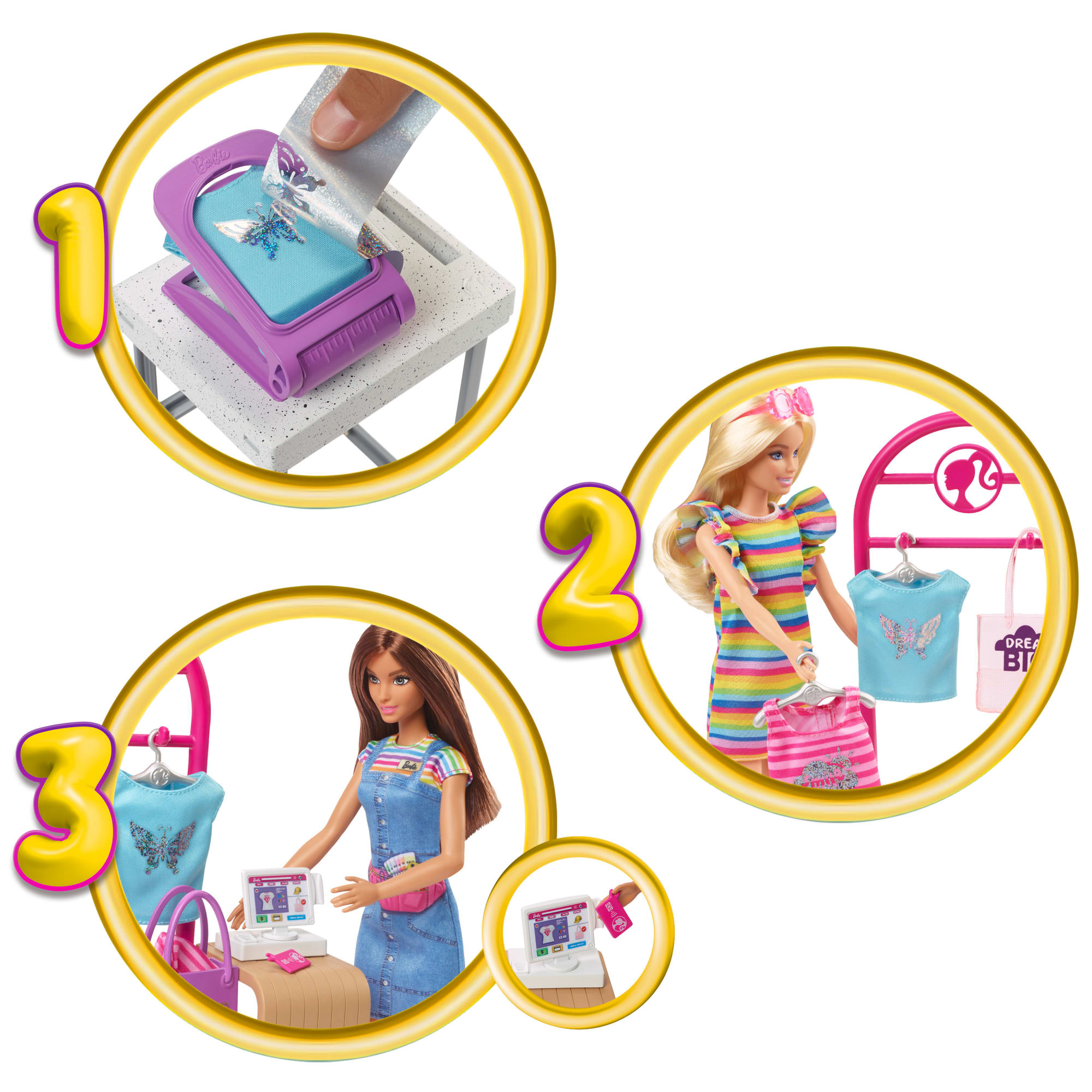 Barbie Make & Sell Boutique Playset with Brunette Doll, Foil Design Tools, Clothes & Accessories