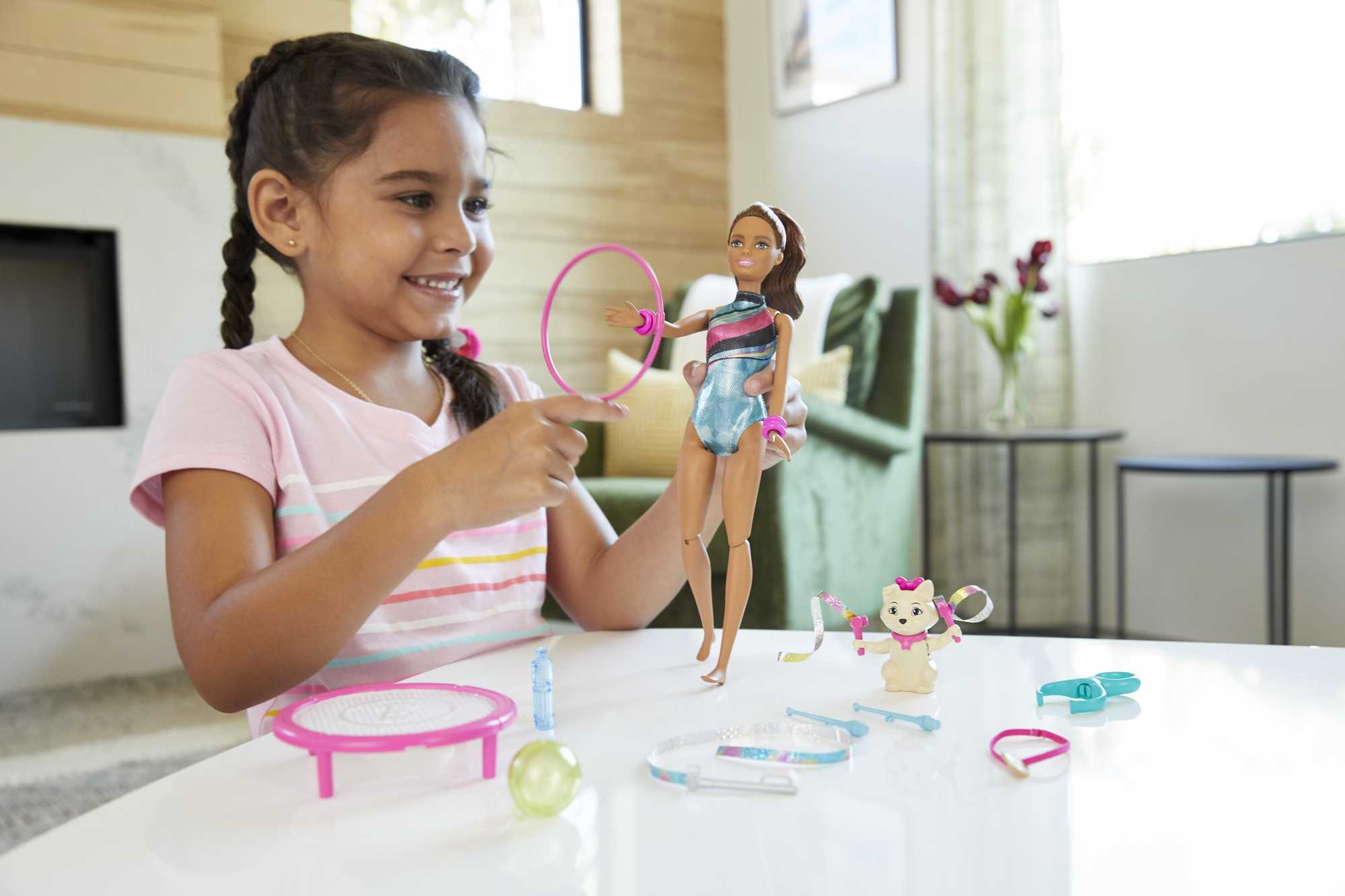 Barbie Gymnastics Playset with Barbie Coach Doll, Small Doll, Spinning Bar,  Hoops, Ribbon & 5+ Accessories