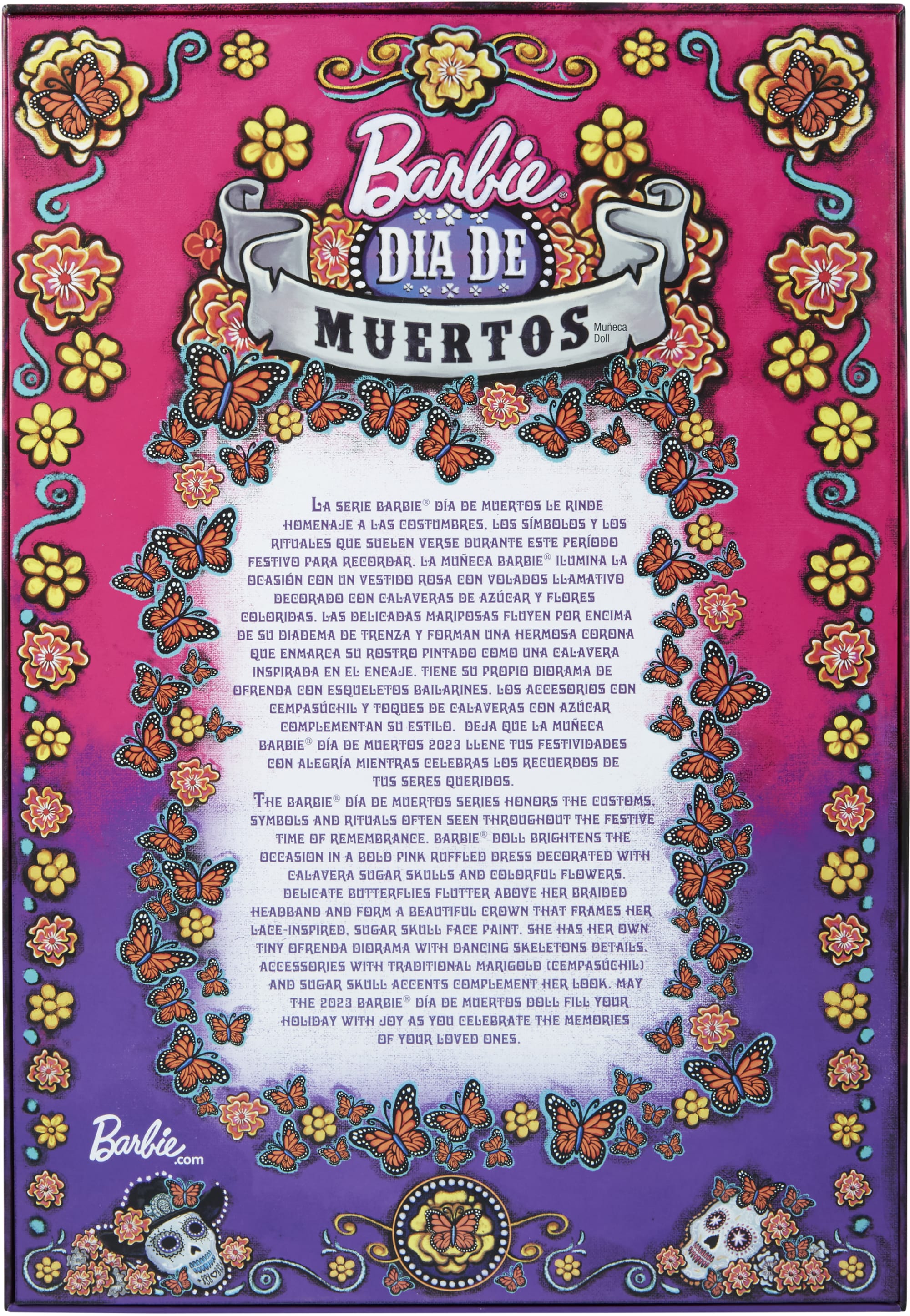 2023 Día De Muertos Barbie Doll Wearing Ruffled Pink Gown And Holding Tiny Ofrenda, Barbie Signature