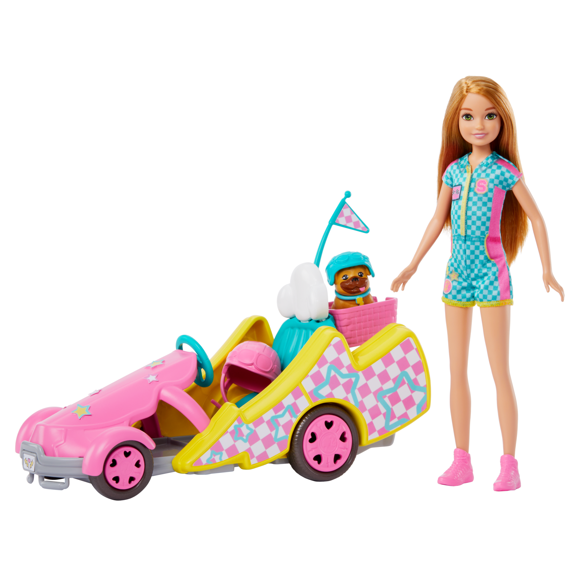 Barbie Stacie Racer Doll with Go Kart Toy Car Dog Accessories Sticker Sheet Mattel