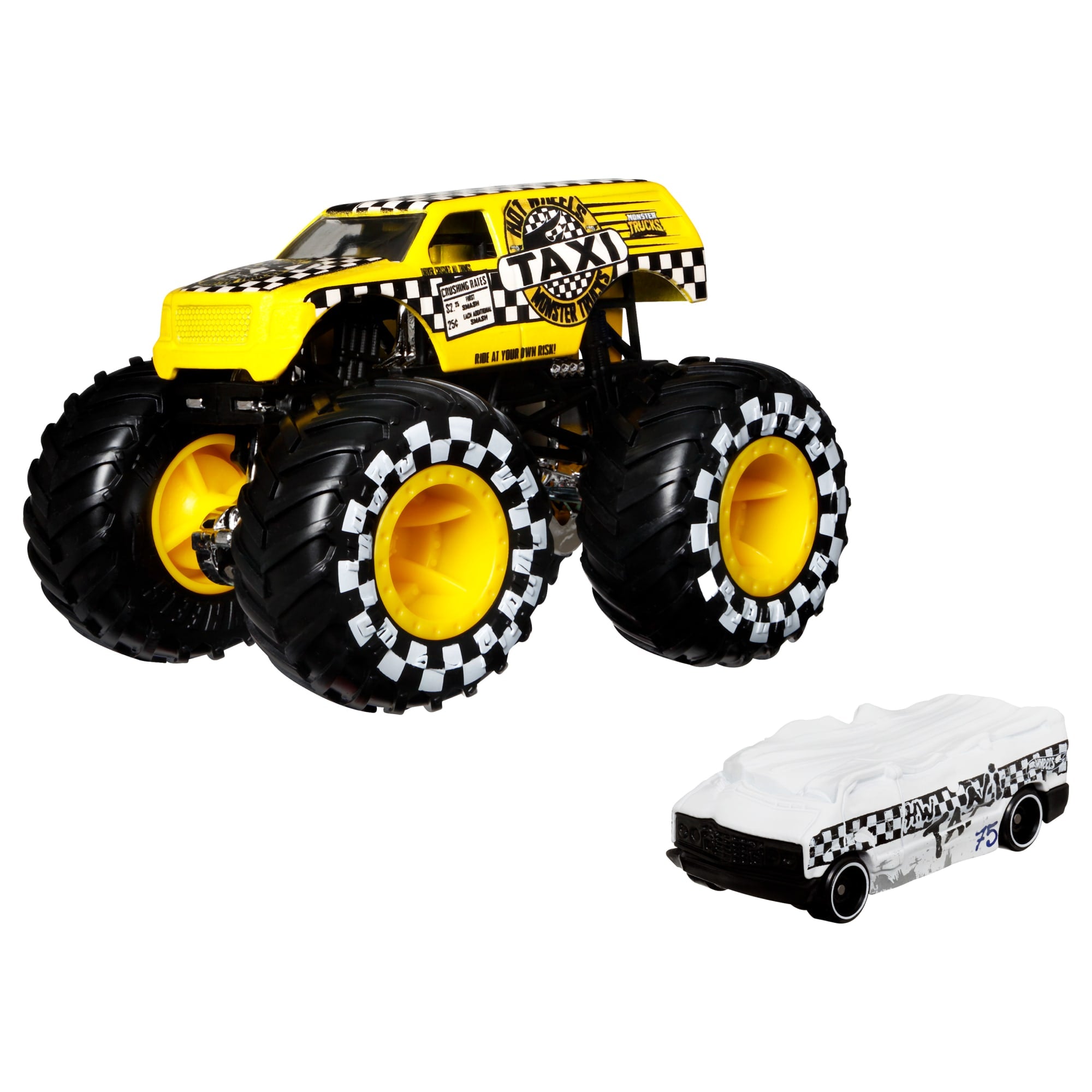 Hot Wheels Monster Trucks Veículo de Brinquedo Taxi Die Cast Blind Sided Taxi Crushed