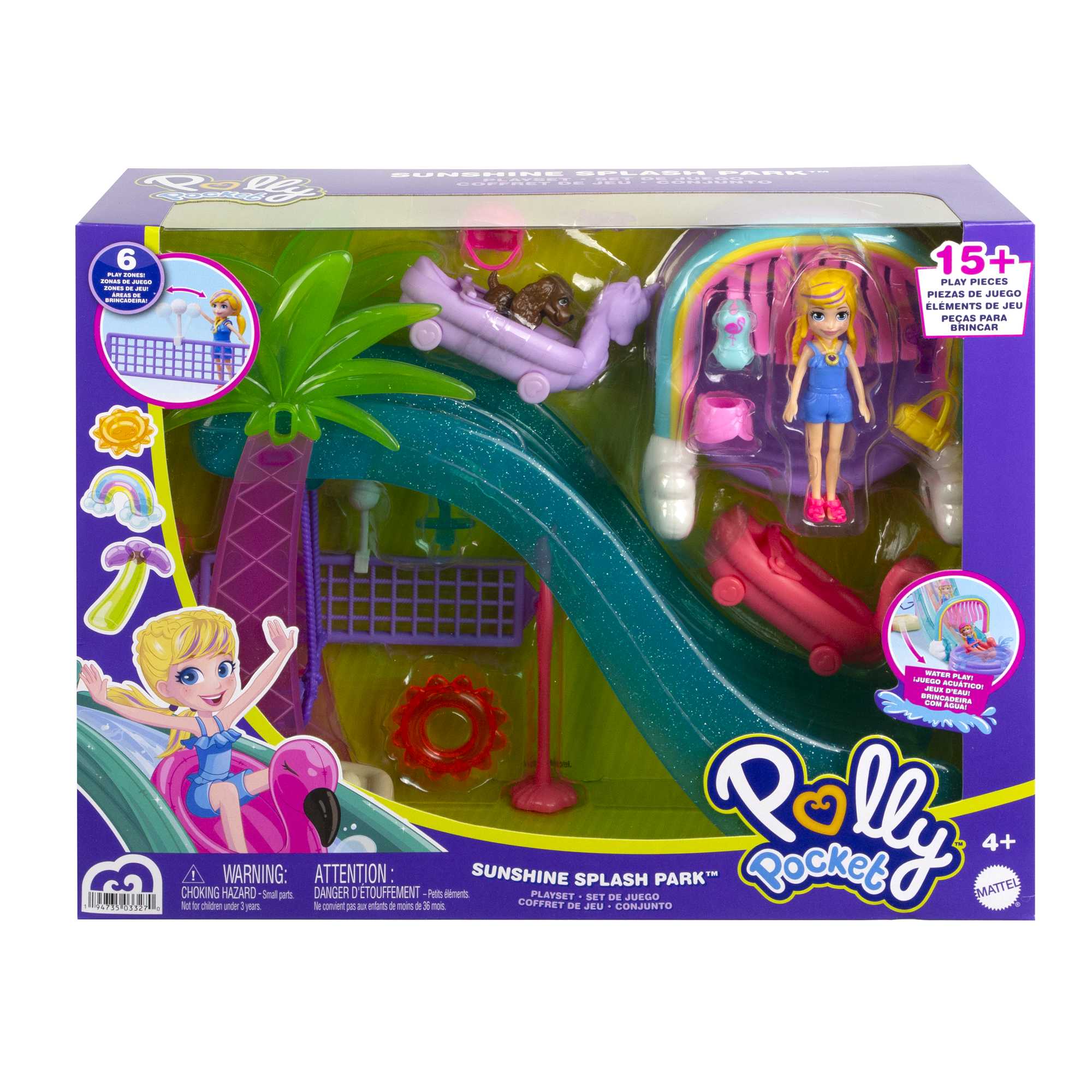 Polly Pocket Sunshine Splash Park With 3-Inch Polly Doll, 15 Accessories Including Slide, Go Karts, Pool, Volleyball Net, Swing, Dog & More, 4 & Up
