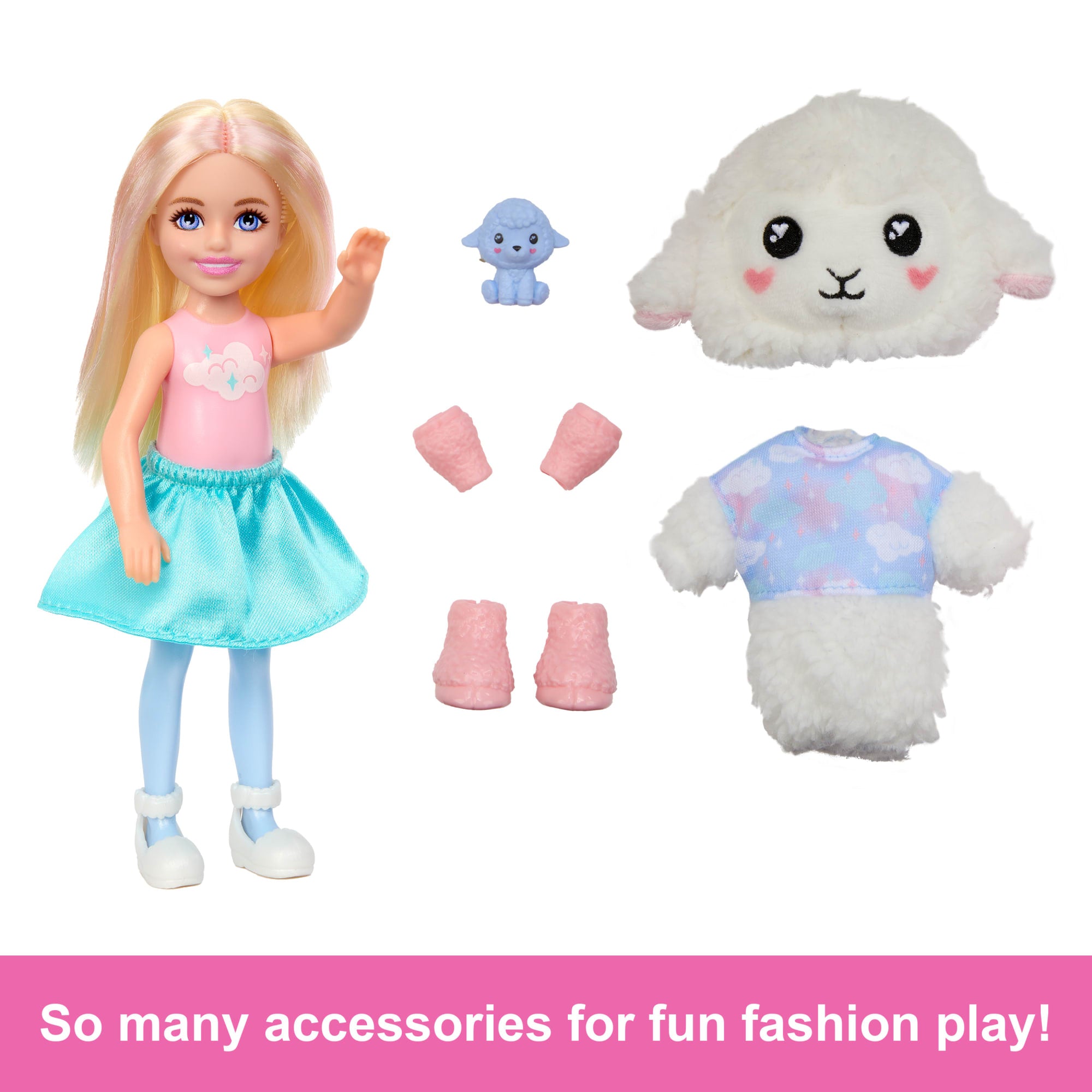 Barbie Cutie Reveal Cozy Cute Tees Series Chelsea Doll & Accessories, Plush Lamb, Blonde Small Doll