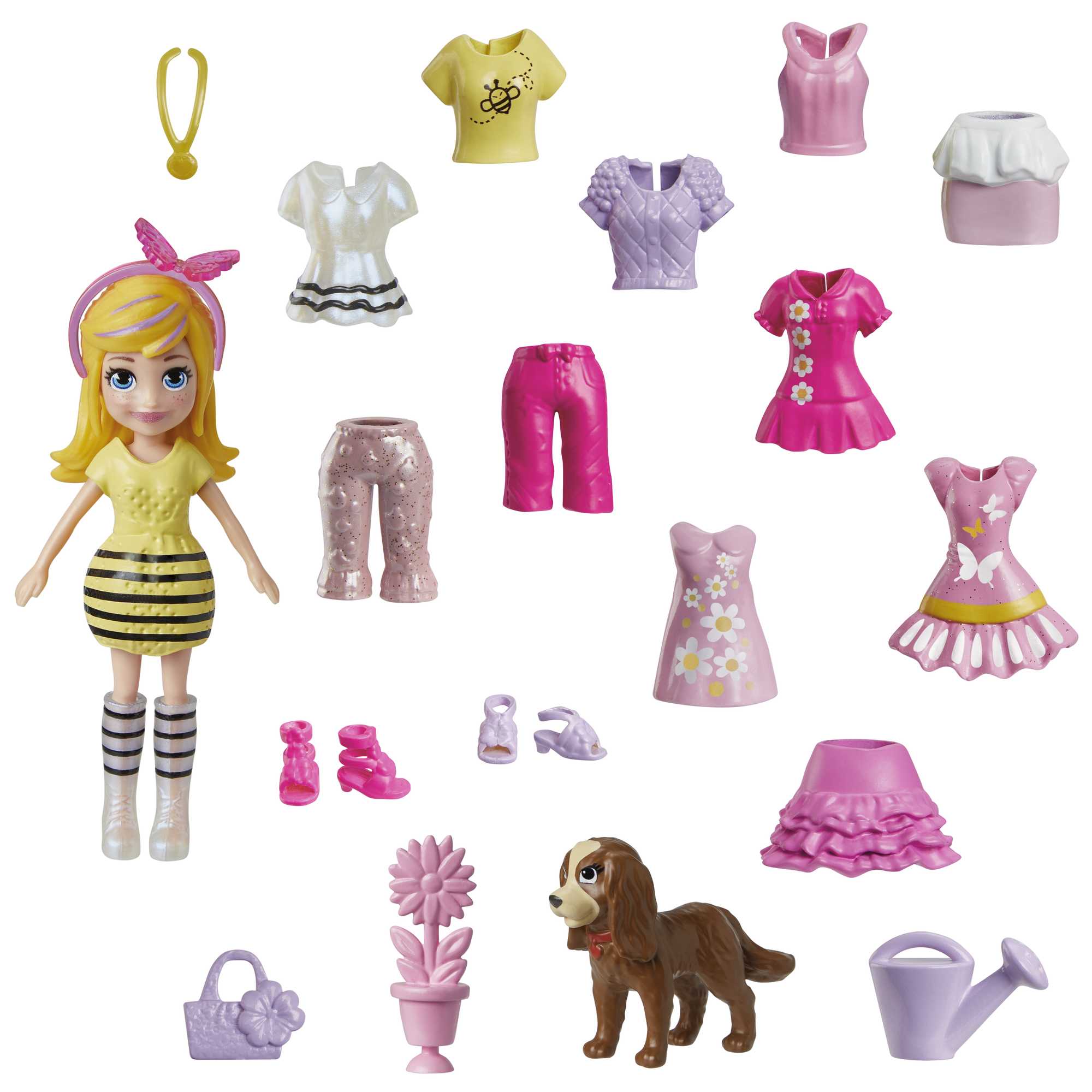 Explore Polly Pocket fashion packs, like this doll with 18 flower-themed  accessories, including a puppy. Find Polly toys, collectibles and gifts at  Shop.Mattel.com.