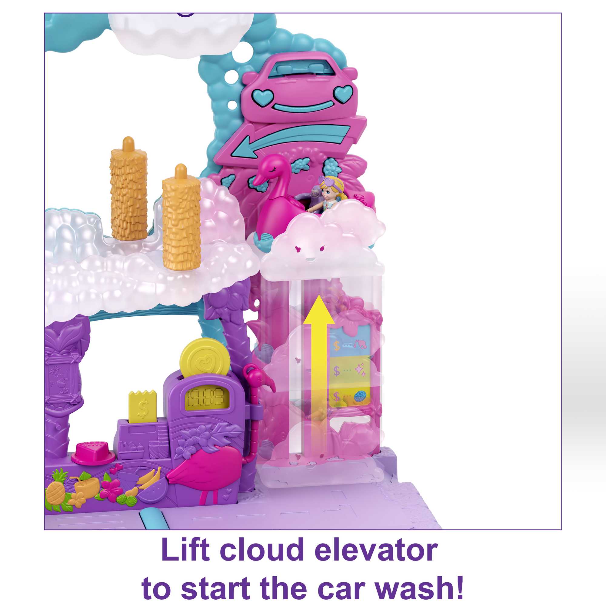 Polly Pocket Pollyville Flamingo Fun Car Wash, 2 Micro Dolls, 4 & Up