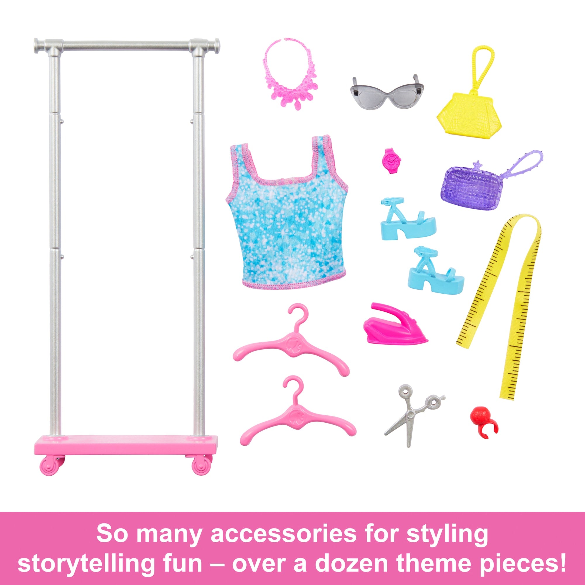Barbie “Brooklyn” Stylist Doll & 14 Accessories Playset, Wardrobe theme With Puppy & Clothing Rack