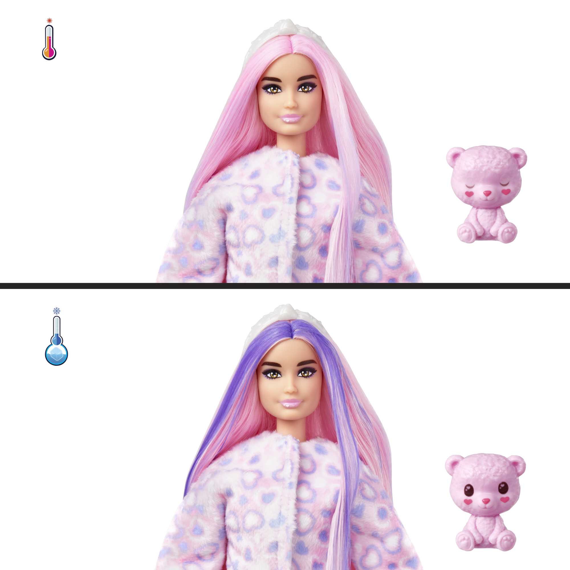Barbie Cutie Reveal Doll & Accessories, Cozy Cute Tees Teddy Bear In “Love” T-Shirt, Purple-Streaked Pink Hair & Brown Eyes