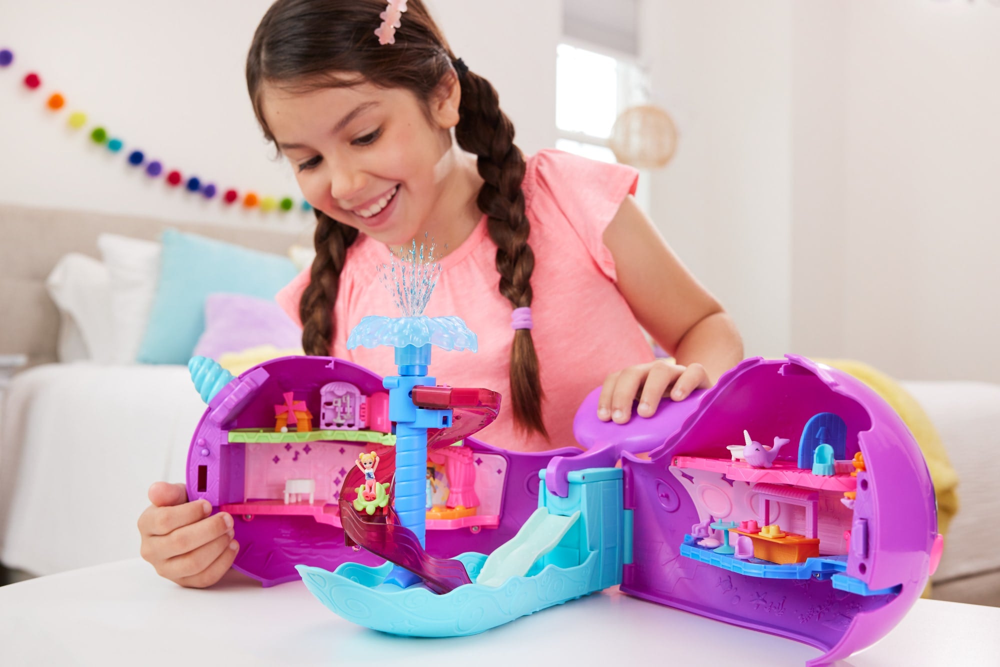Polly Pocket Sparkle Cove Adventure Narwhal Adventurer Boat Playset With 2 Micro Dolls & 13 Accessories