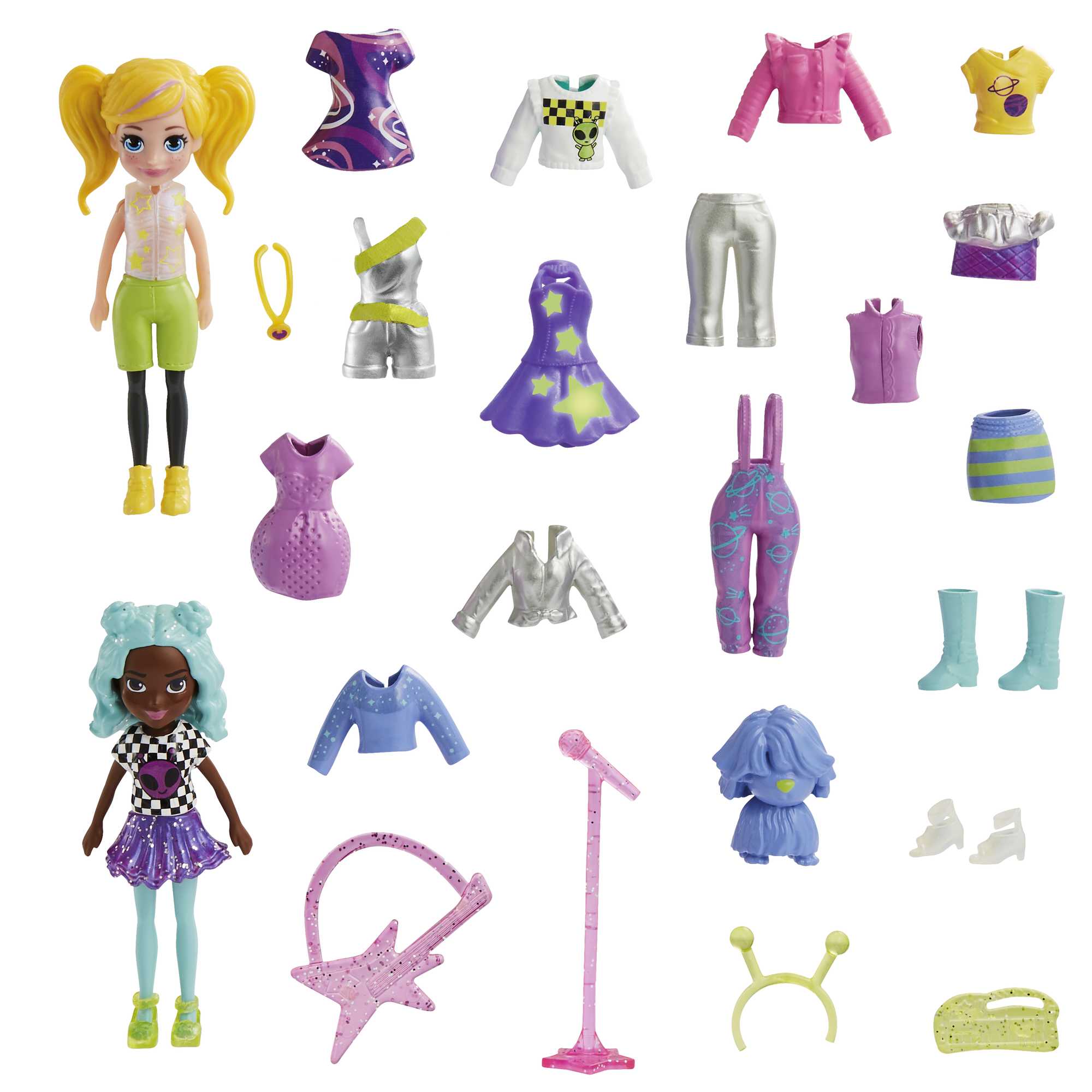 Polly Pocket 2 Dolls And 25 Accessories, Glow-In-the-Dark Pop Star  Spotlight Fashion Pack