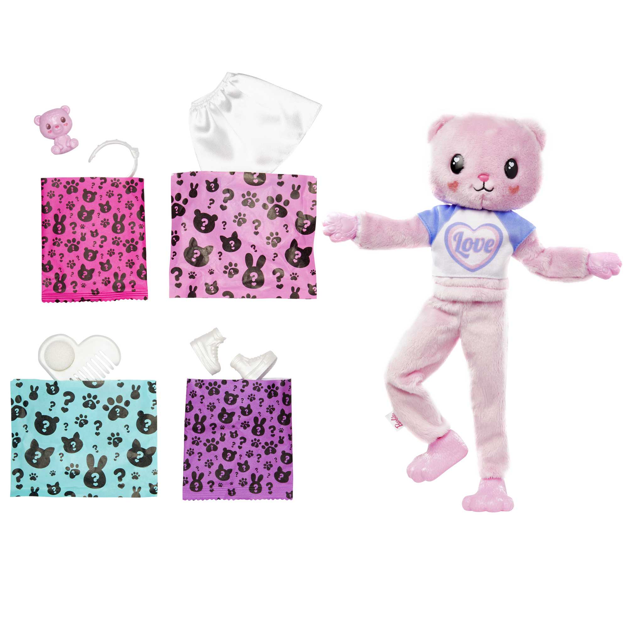 Barbie Cutie Reveal Doll & Accessories, Cozy Cute Tees Teddy Bear In “Love” T-Shirt, Purple-Streaked Pink Hair & Brown Eyes