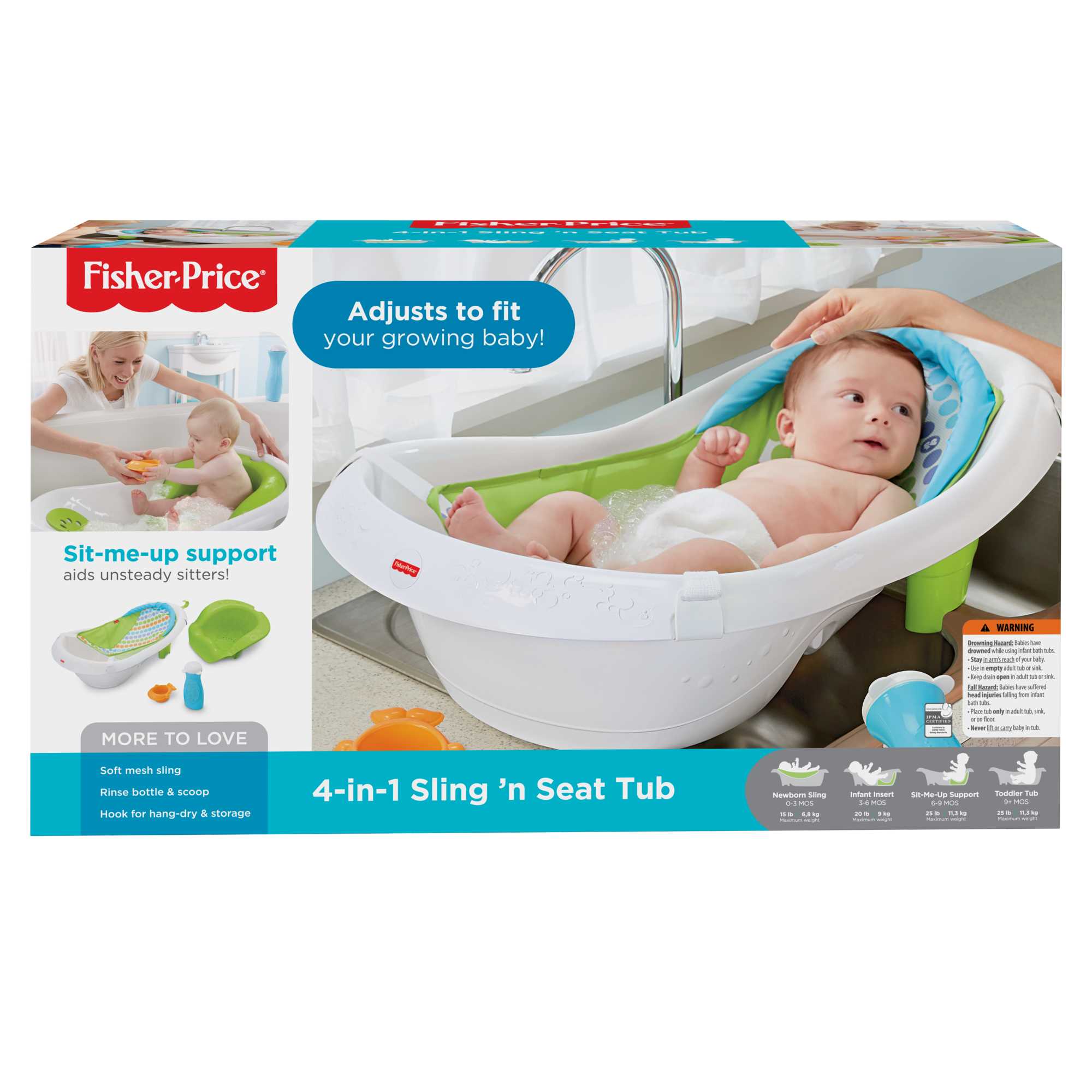 Fisher-Price 4-In-1 Sling ‘n Seat Tub Baby To Toddler Bath With 2 Toys, Green