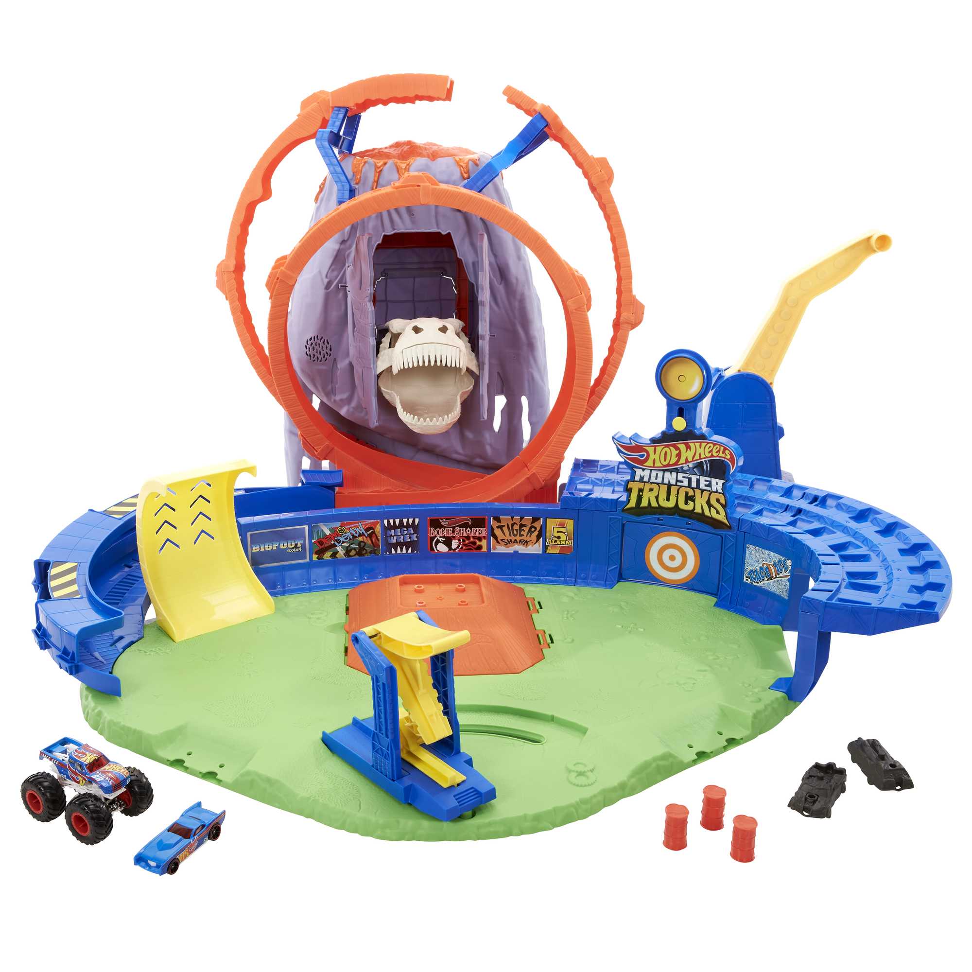 Hot Wheels City Track Set with 1 Toy Car, Race Through A Giant Loop to  Defeat A Big Dinosaur, T-Rex Loop Stunt and Race Playset