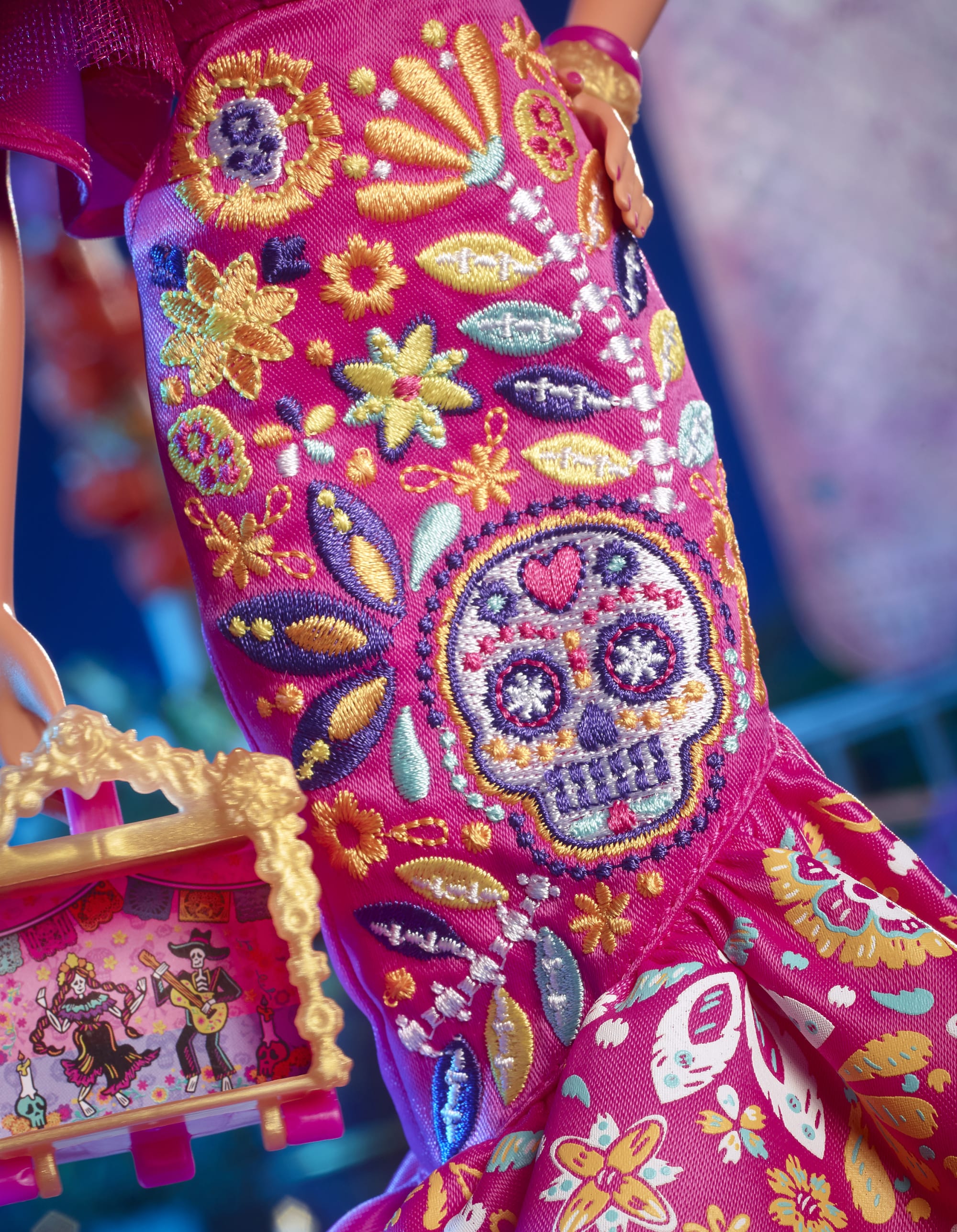 2023 Día De Muertos Barbie Doll Wearing Ruffled Pink Gown And Holding Tiny Ofrenda, Barbie Signature
