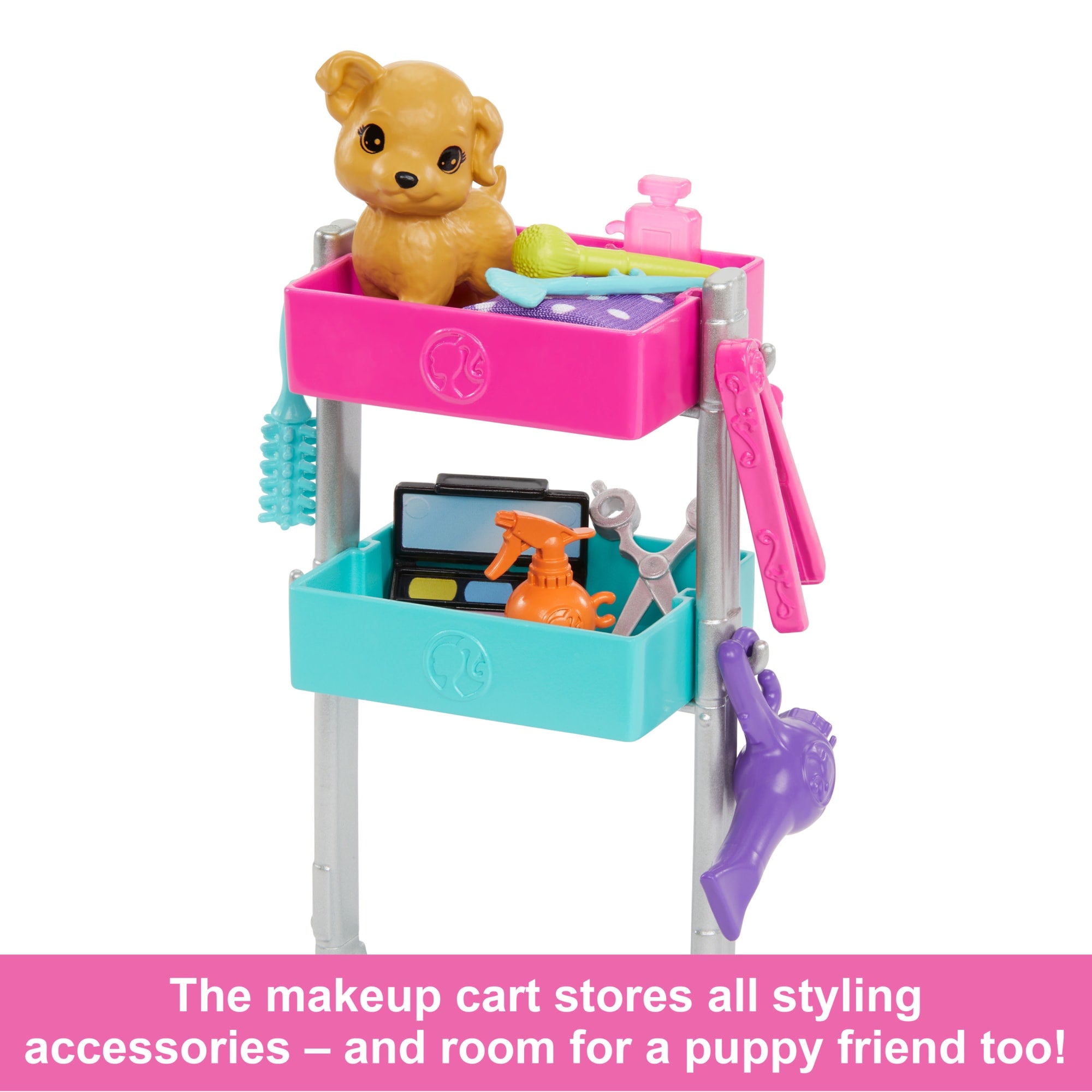 Barbie “Malibu” Stylist Doll & 14 Accessories Playset, Hair & Makeup theme With Puppy & Styling Cart