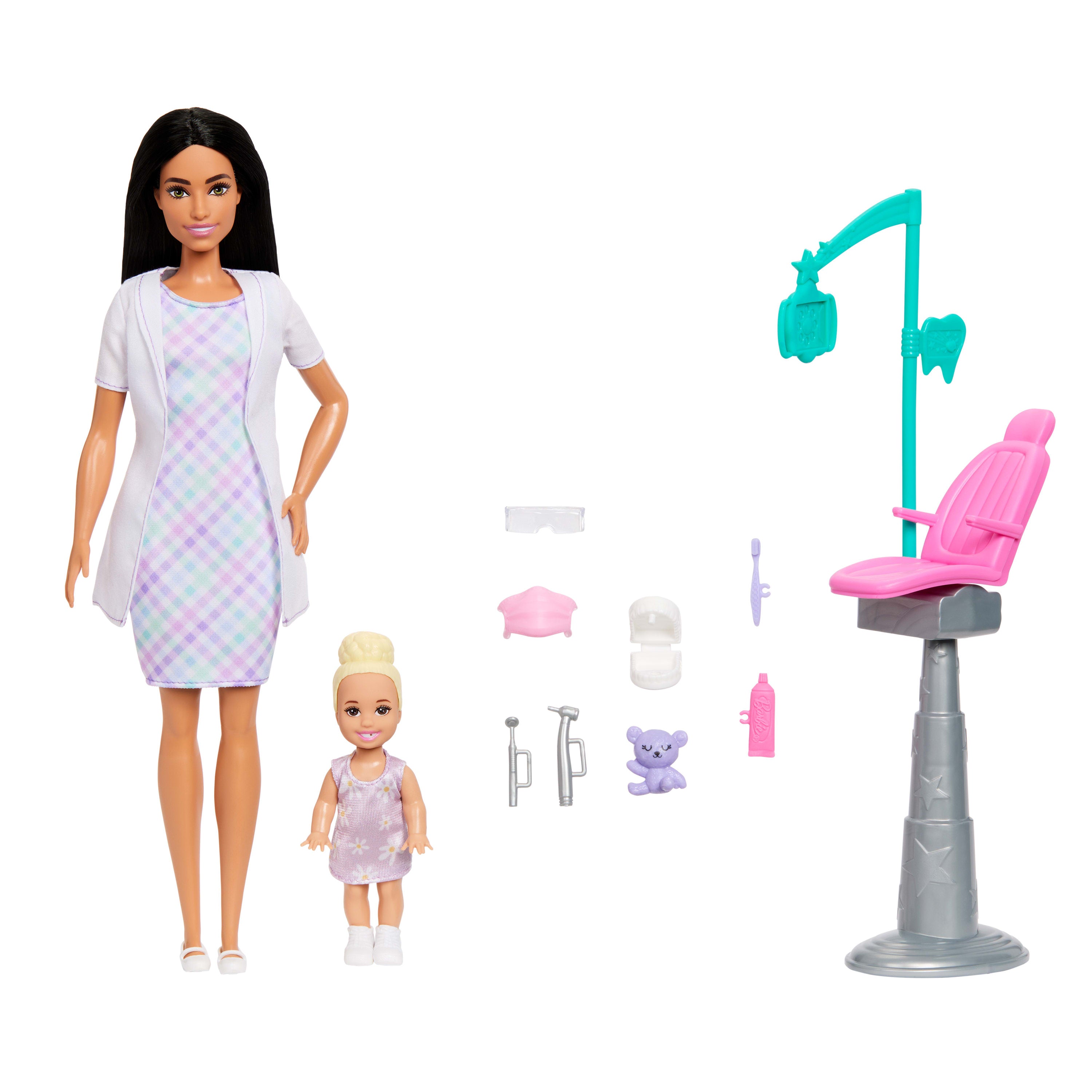 Barbie Careers Dentist Playset With Brunette Fashion Doll, Small Doll, Exam Chair & Accessories
