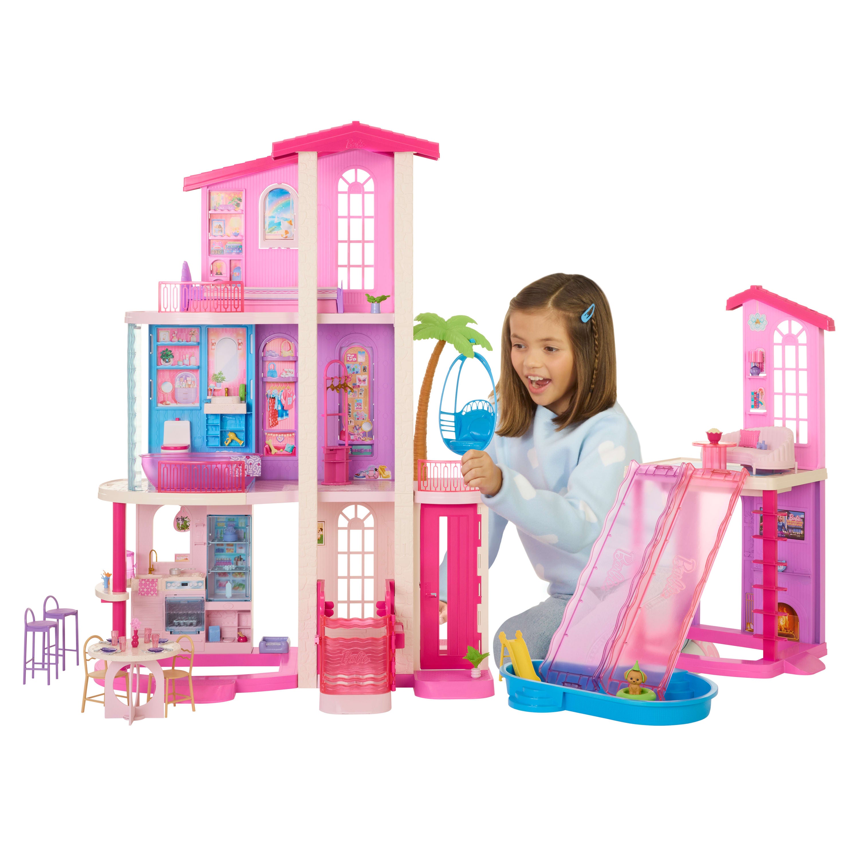 Barbie DreamHouse Dollhouse 2026, 2 Pools, 2 Slides, 2 Houses, Elevator With 3 Levels & 65+ Pieces Including Furniture & Accessories