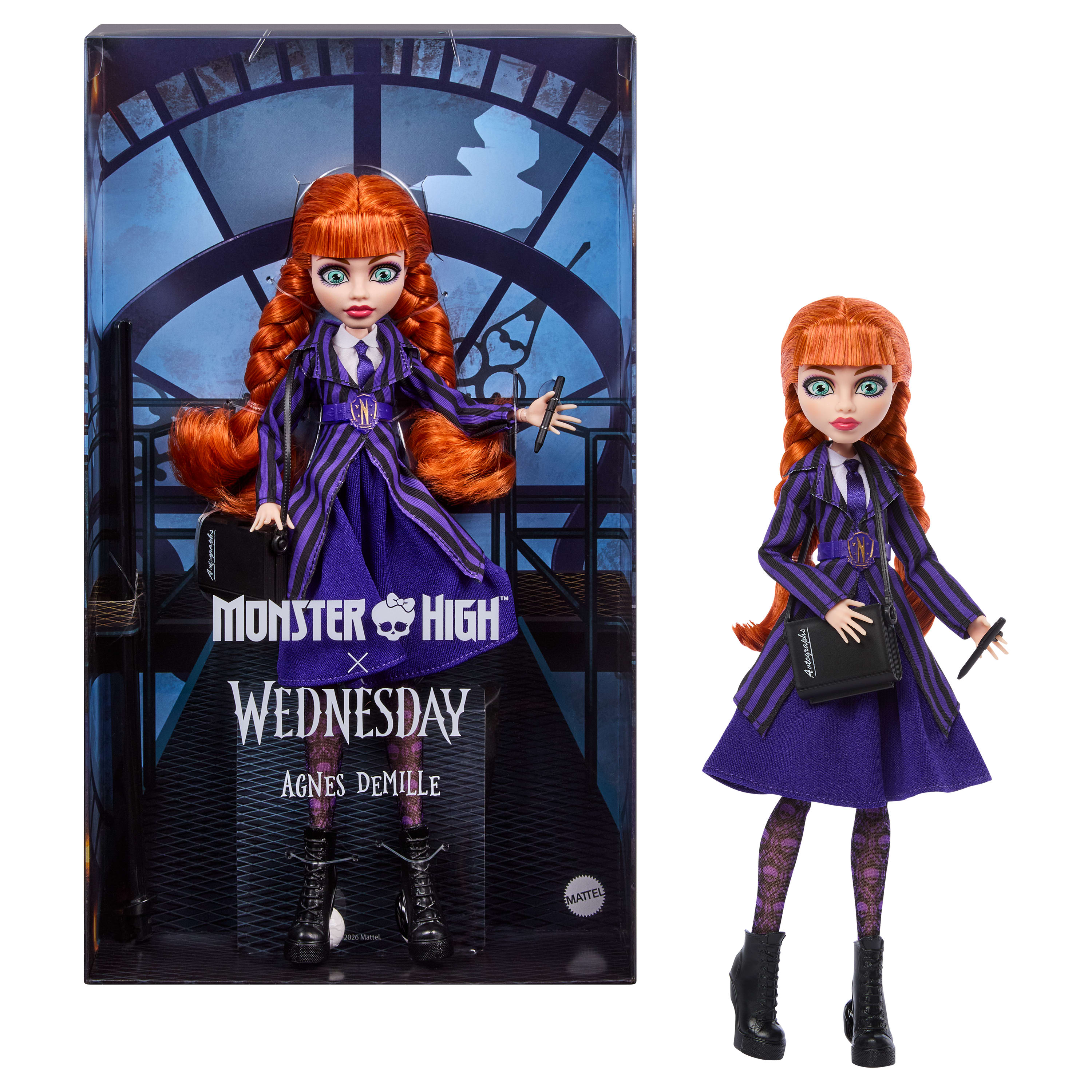 Monster High X Wednesday Collectible Doll, Agnes DeMille With Purple Uniform And Accessories