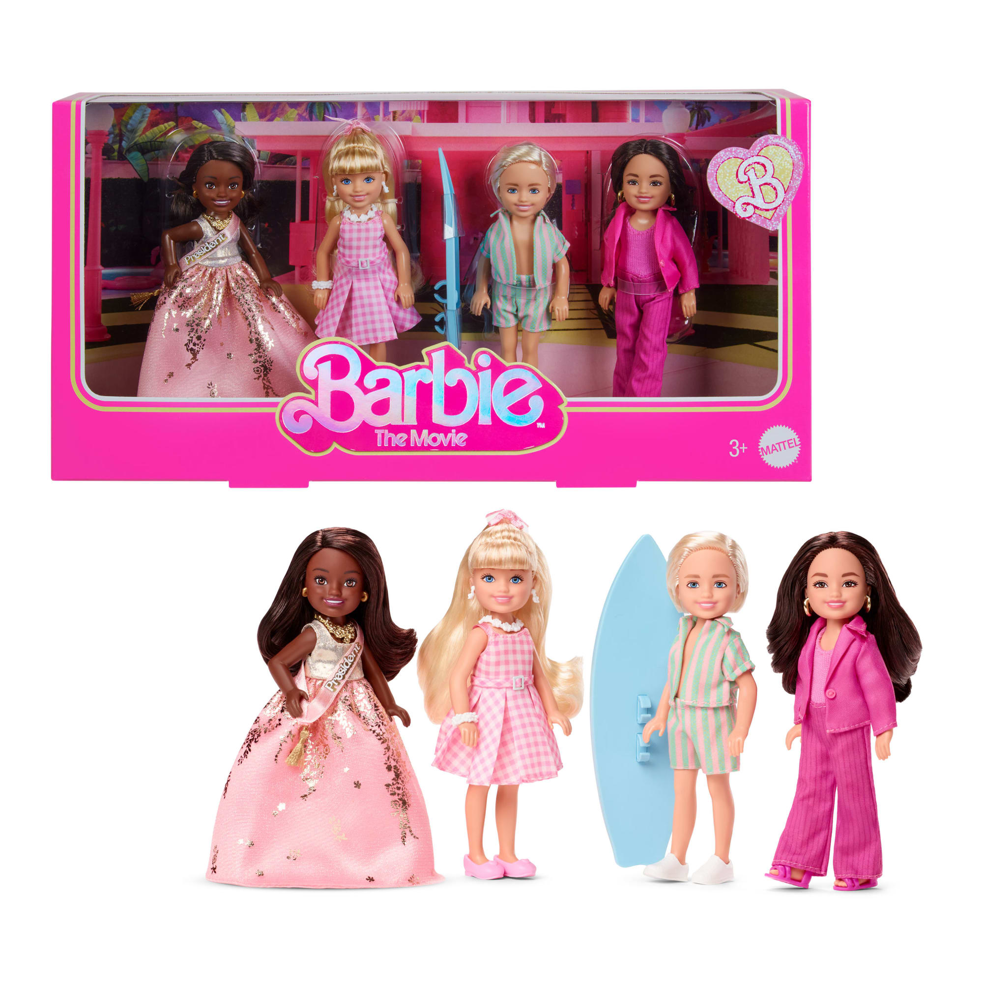 Barbie The Movie Chelsea Collectible 4-Pack Dolls, Includes Barbie, Ken, President Barbie, & Gloria Characters by Mattel, Inc.
