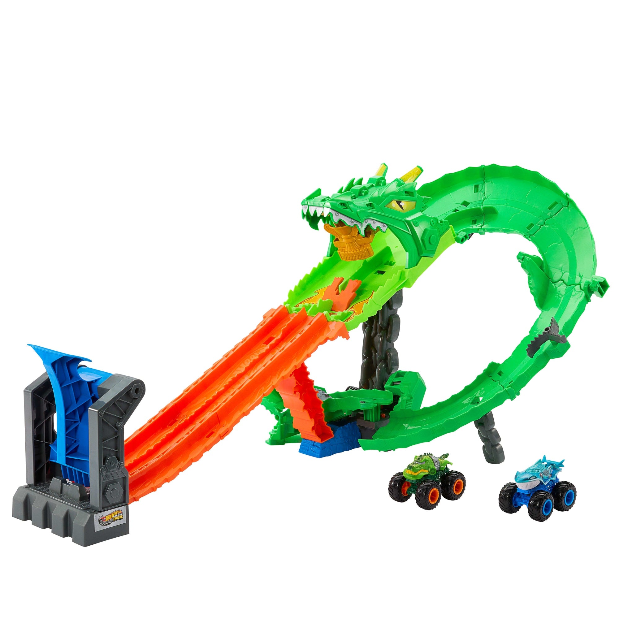 Hot Wheels Monster Trucks Sharks vs Dinos Dragon Destruction Playset & 2 Toy Trucks by Mattel, Inc.