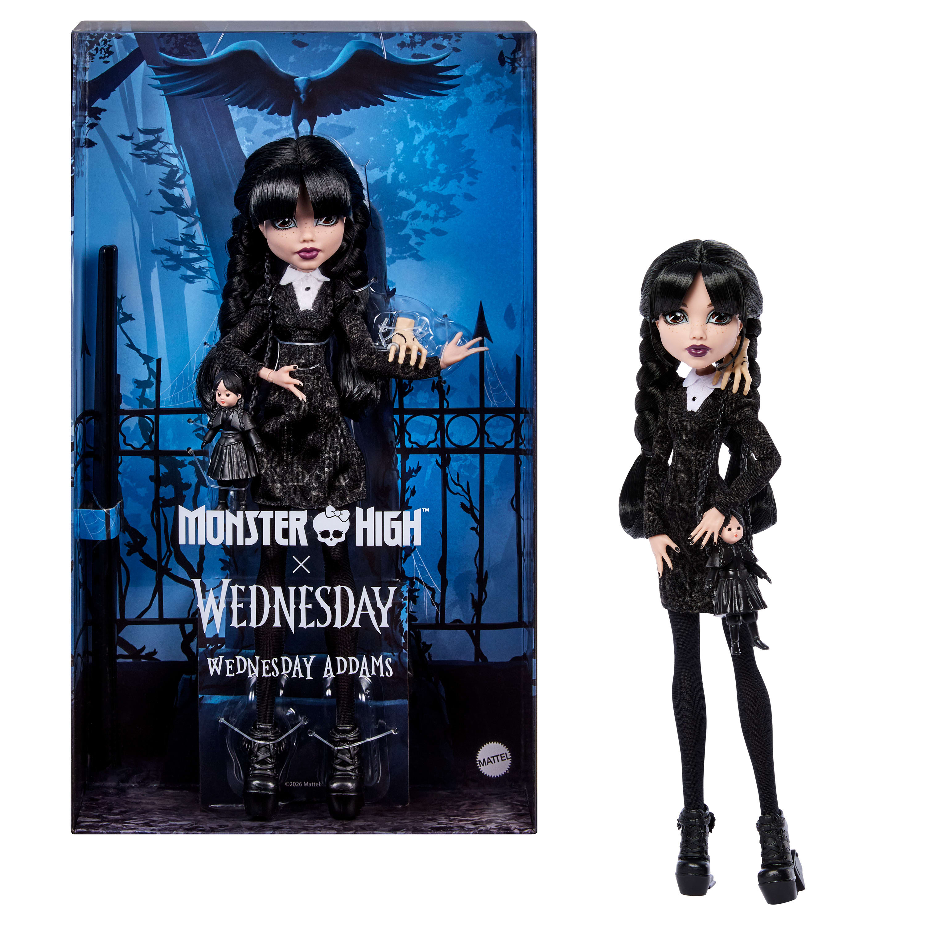 Monster High X Wednesday Collectible Doll, Wednesday Addams in Black Dress With Thing Accessory