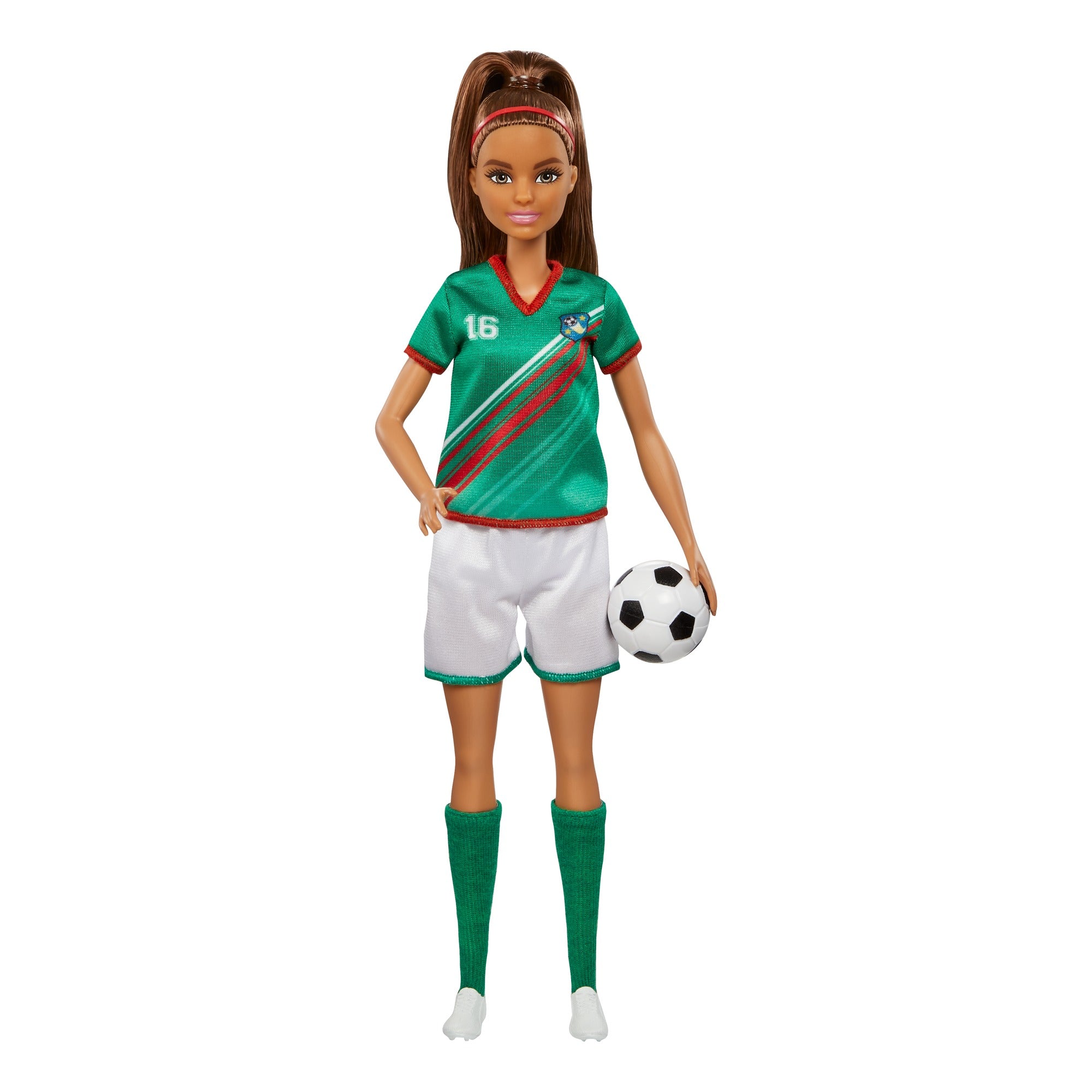 Barbie Soccer Doll, Brunette, #16 Uniform, Soccer Ball, Cleats, Socks, 3 & Up