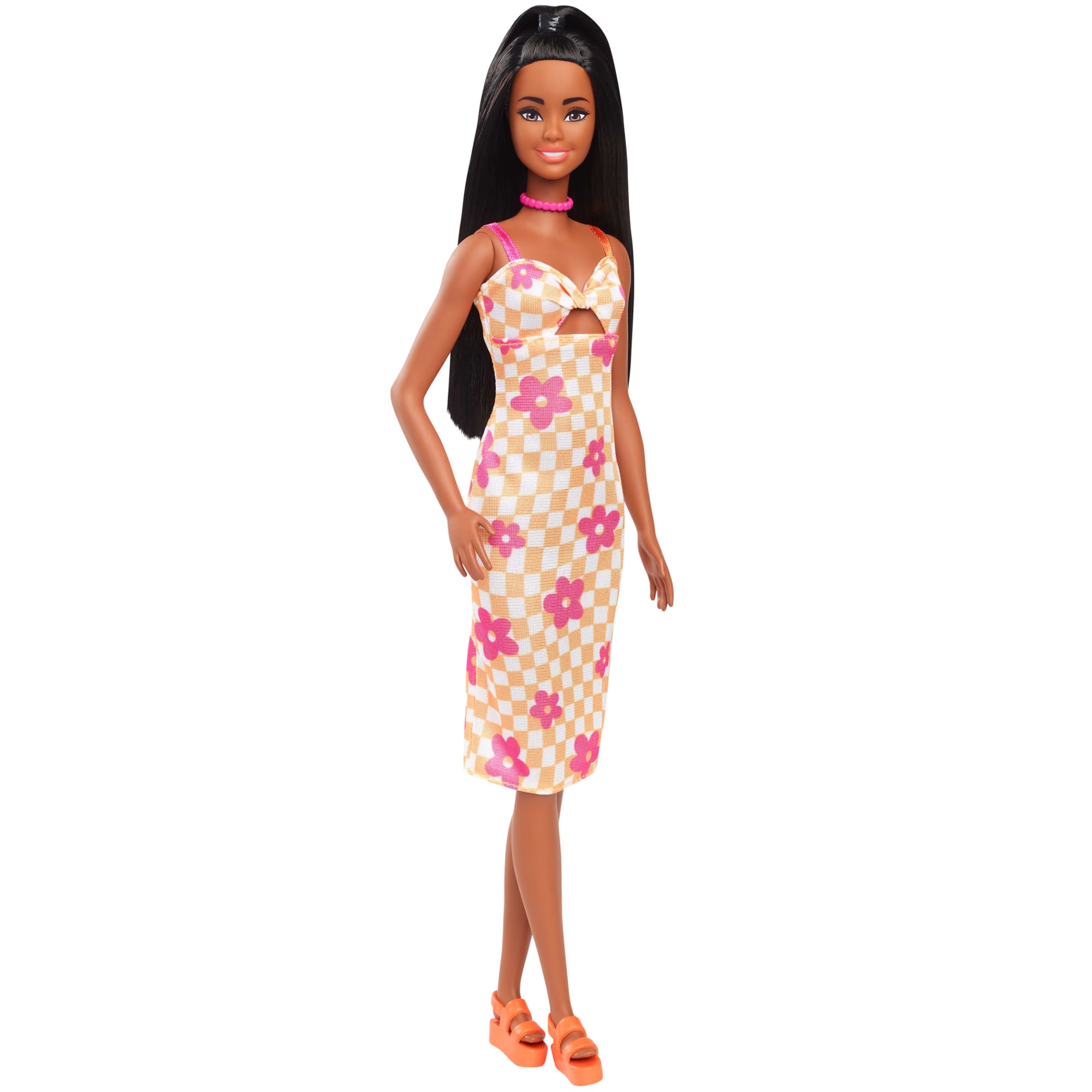 Barbie Fashionistas Doll in Checkered Flower Midi Dress Black Hair