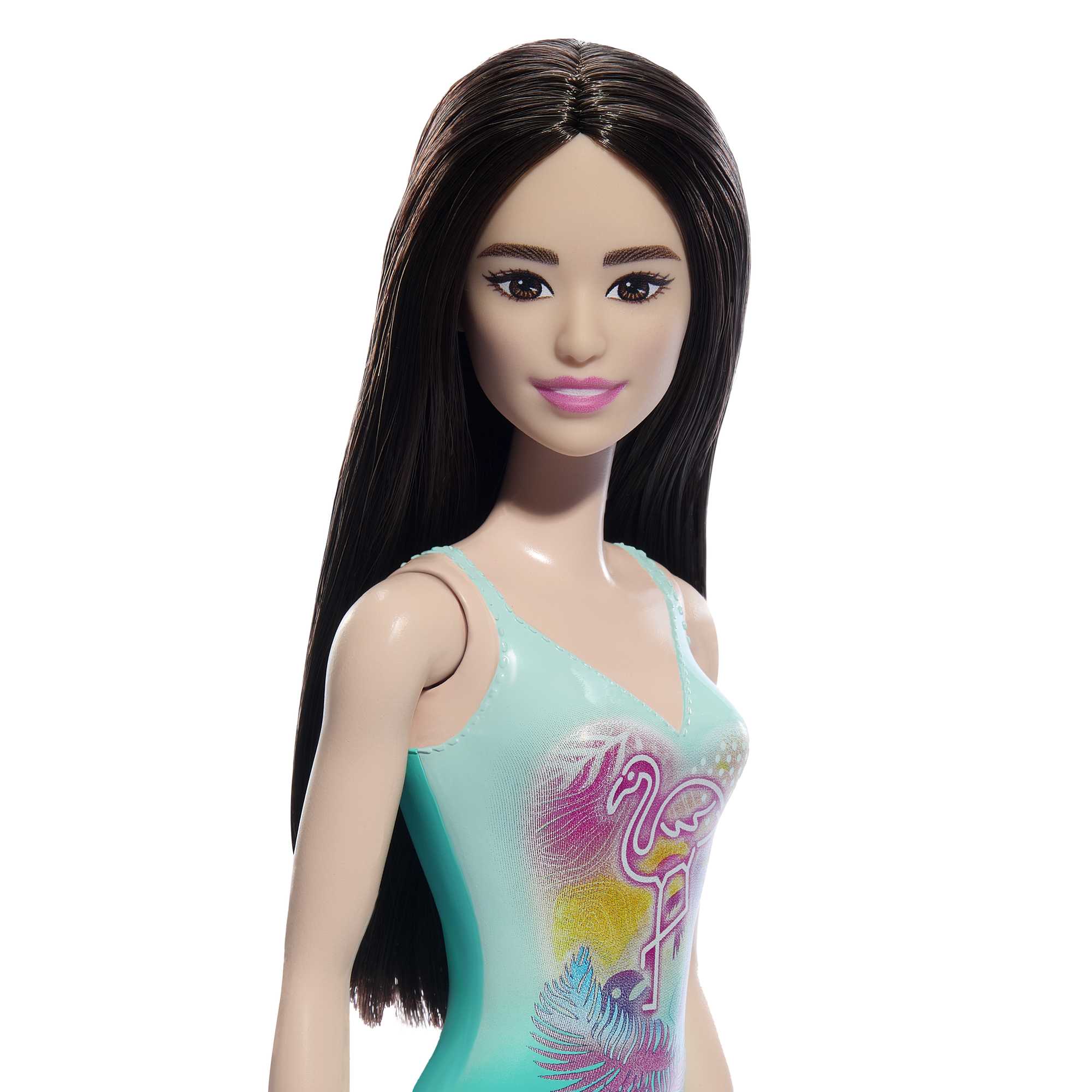 Beach Barbie Doll with Black Hair Wearing Tropical Blue Swimsuit