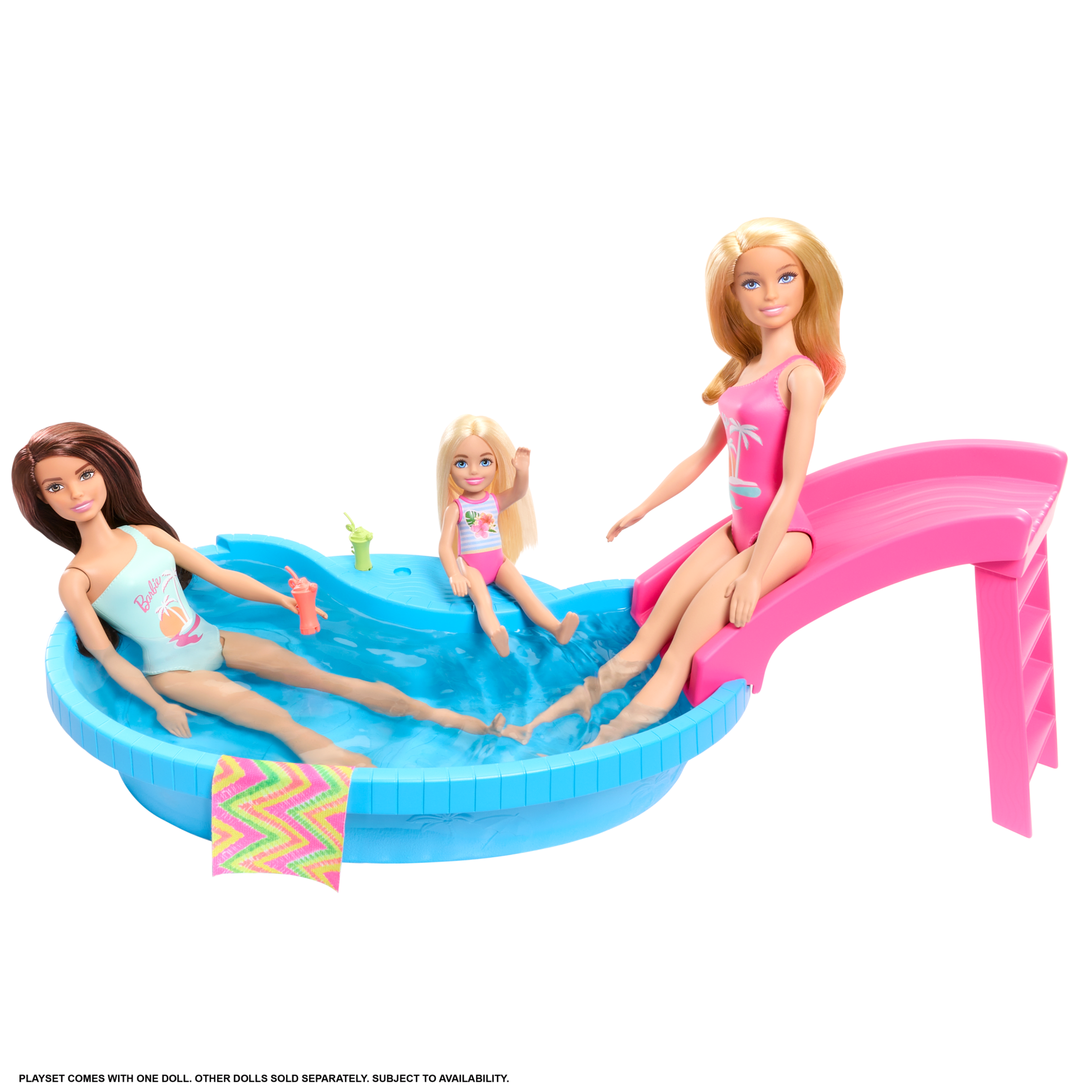 Barbie Doll and Pool Playset, Blonde with Pool, Slide, Towel and Drink ...
