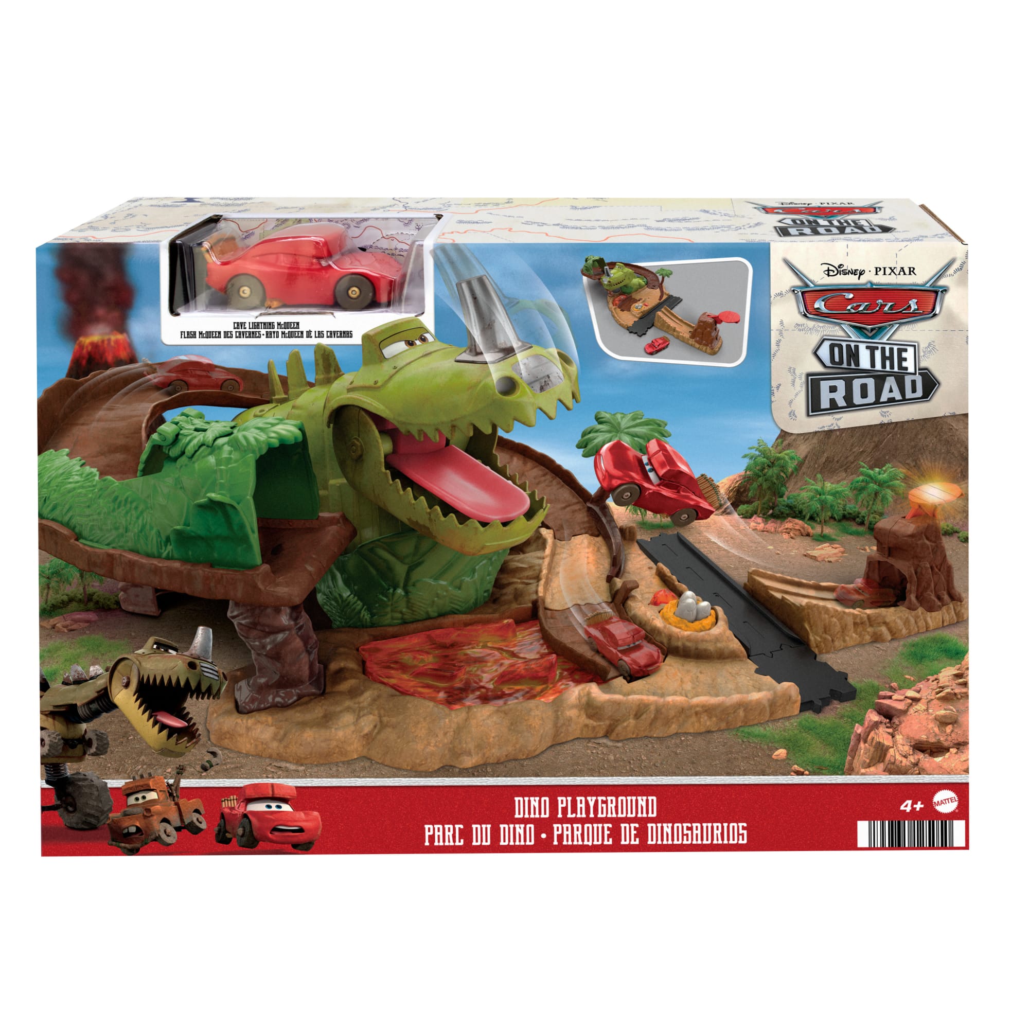 Race to check out Dino Playground playset inspired by Disney and Pixar's  Cars On The Road with Cave Lightning McQueen. Find more Cars toys at Shop. Mattel.com.