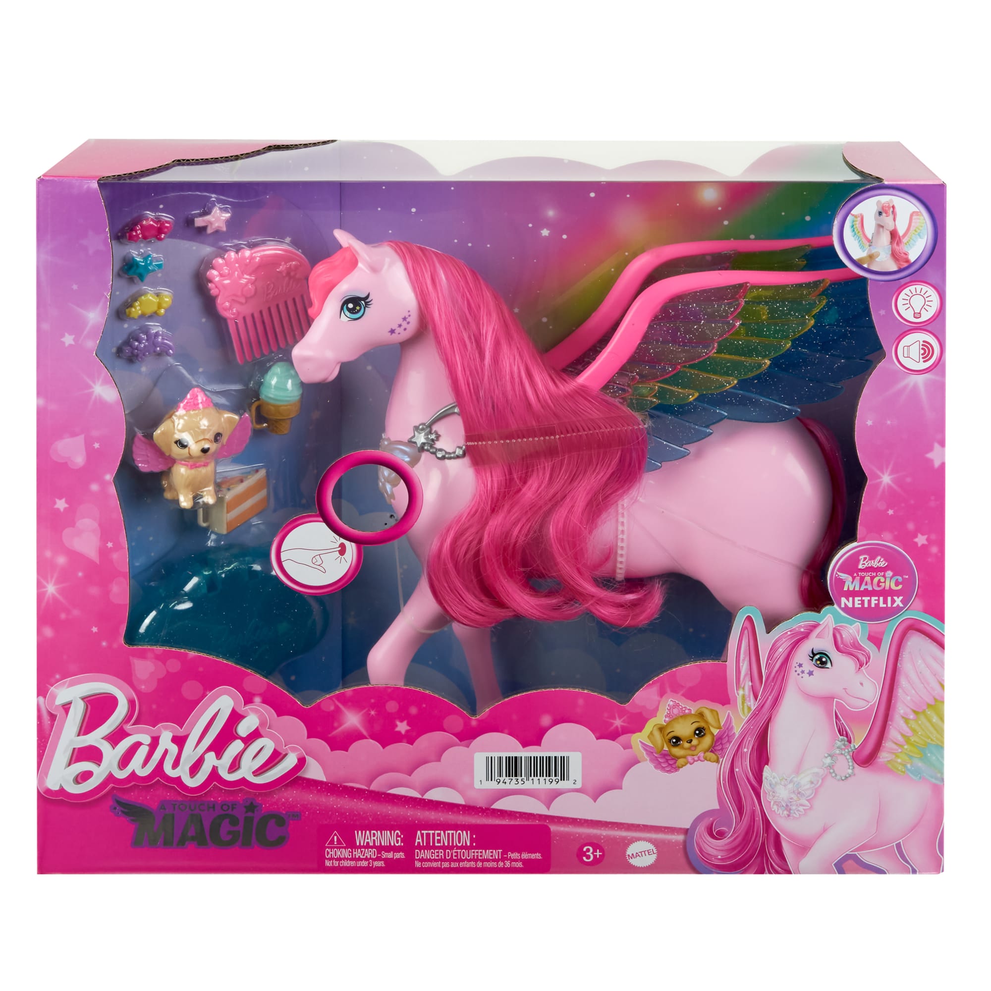 This Barbie Pegasus has magical lights and sounds and comes with 10  enchanting accessories, including a puppy! Shop more Barbie toys and gifts  at Shop.Mattel.com!