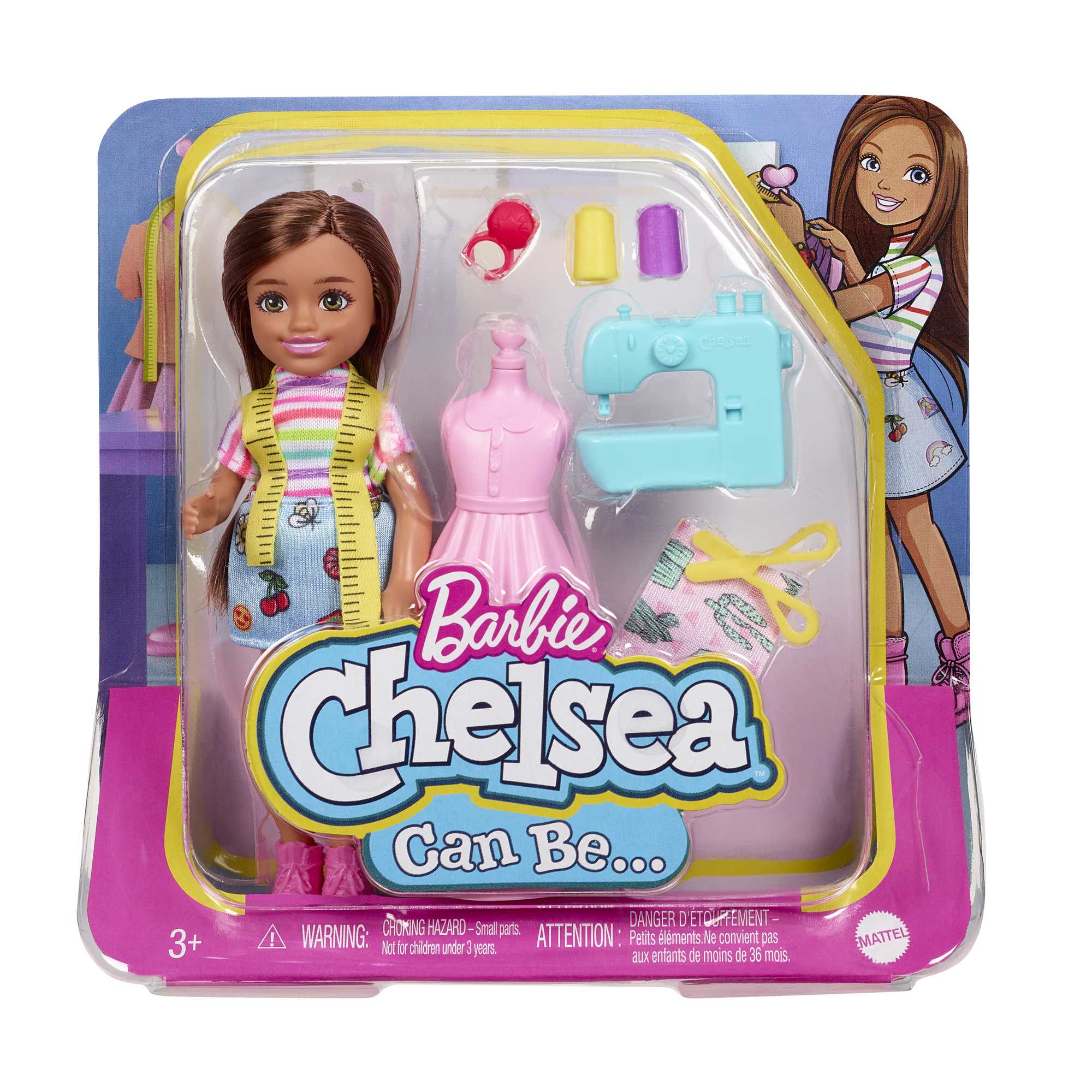 Barbie Chelsea Can Be Playset with Brunette Chelsea™ Fashion Designer Doll  (6 inches), Mannequin, Sewing Machine, Tape Measure, Scissors, Fabric