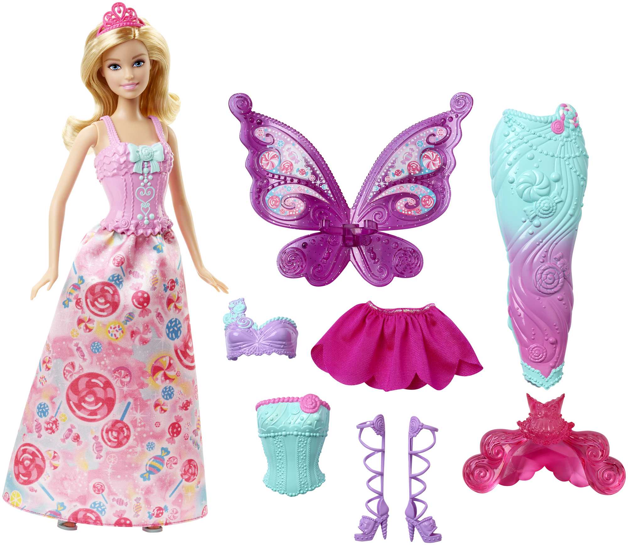 Barbie lalka z 3 fantastycznymi strojami i akcesoriami, w tym syreny ogon i wróżki