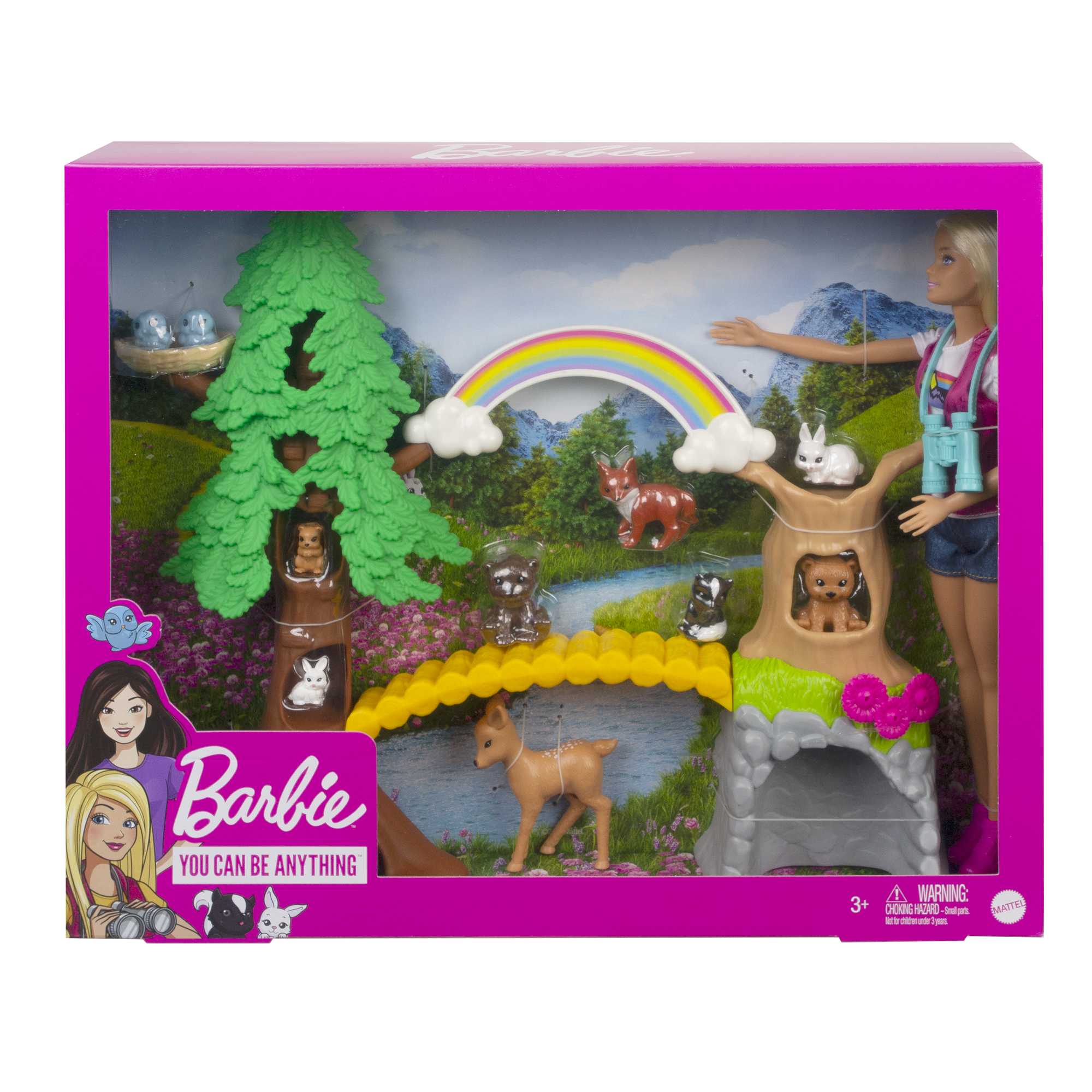 Barbie Wilderness Guide Doll & Playset, Blonde Doll with 10 Animal Figures,  Tree, Rainbow & More