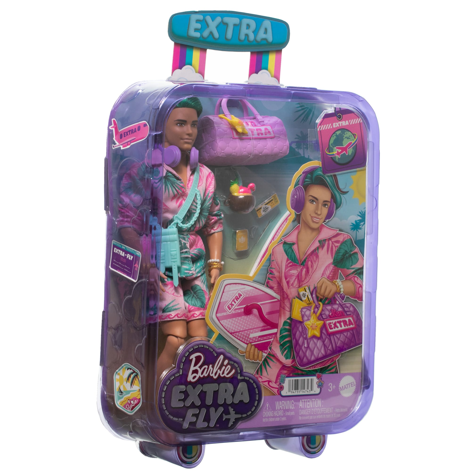 Boneca Barbie Extra Fly Ken com Acessórios para Roupas de Viagem com Tema  de Praia, Azul - Dular
